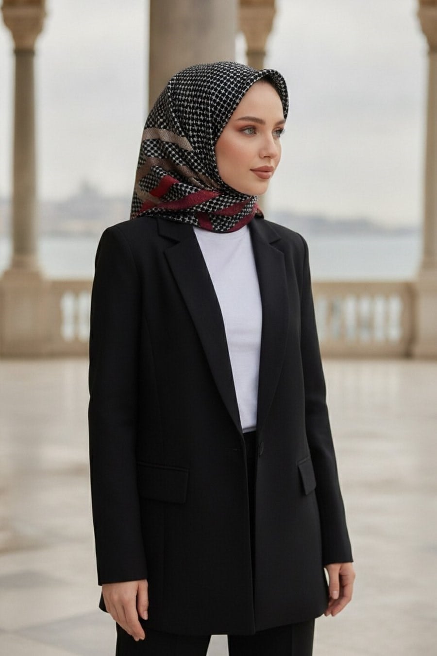 Vissona Tivil İpek Eşarp DGN50354 - 2 - 0001 - 0017 Siyah Kırmızı Geometrik Şerit Desen