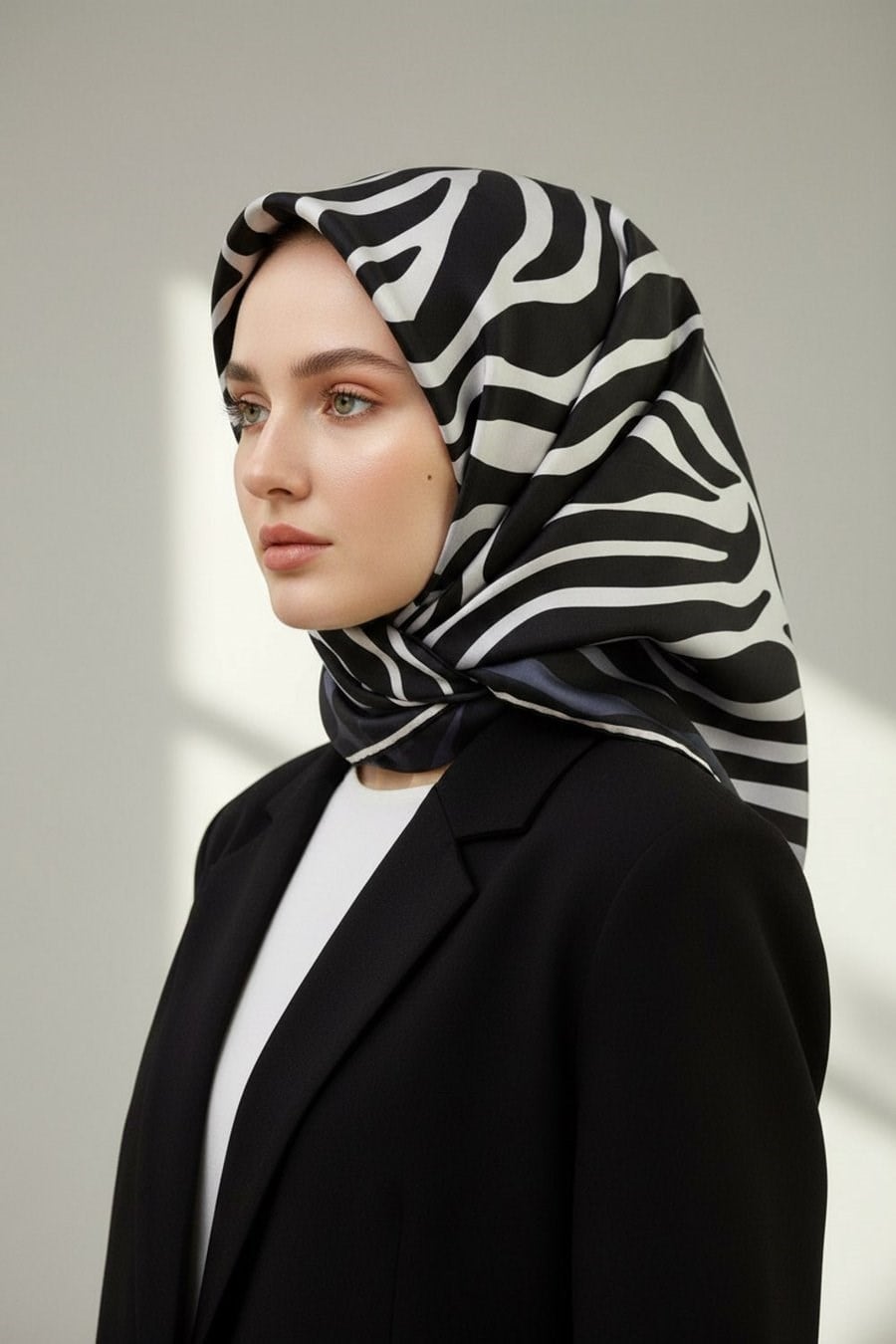Vissona Tivil İpek Eşarp IST 6259-1 Siyah-Beyaz Zebra Desen