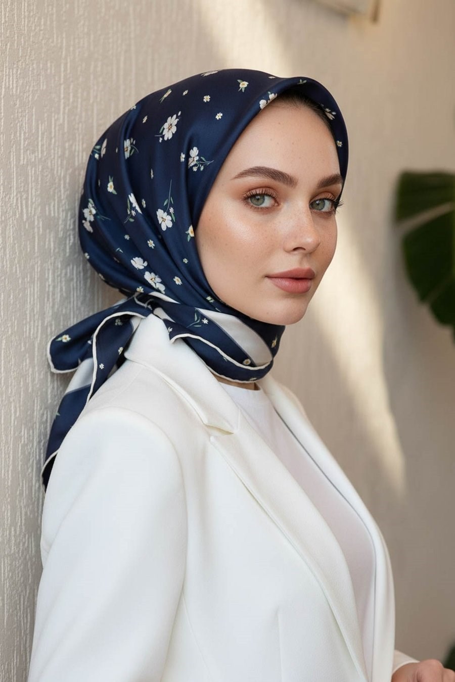 Vissona Tivil İpek Eşarp Lacivert Bej 60332 25 Çiçek Desen