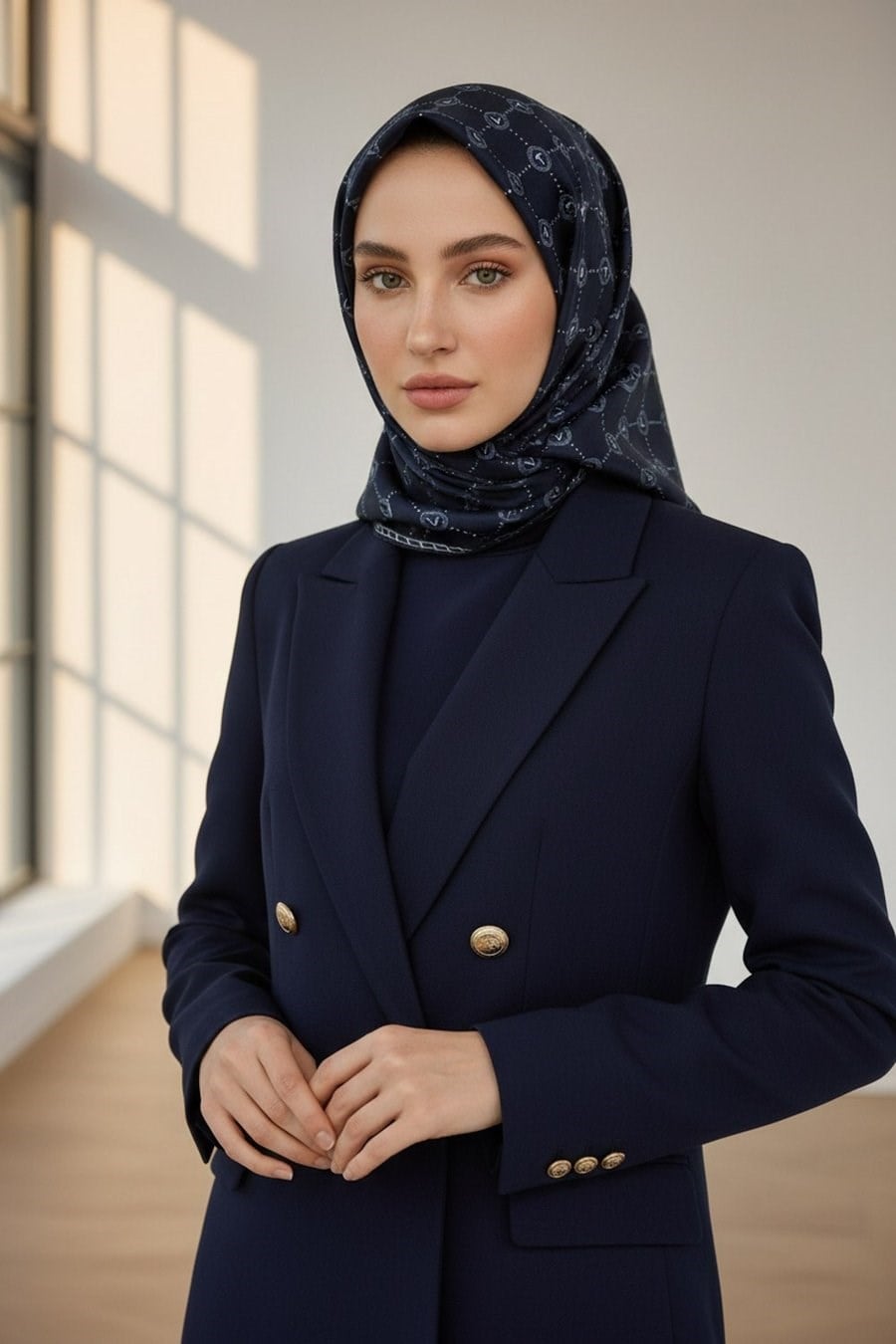 Vissona Tivil İpek Eşarp Lacivert Monogram Desen