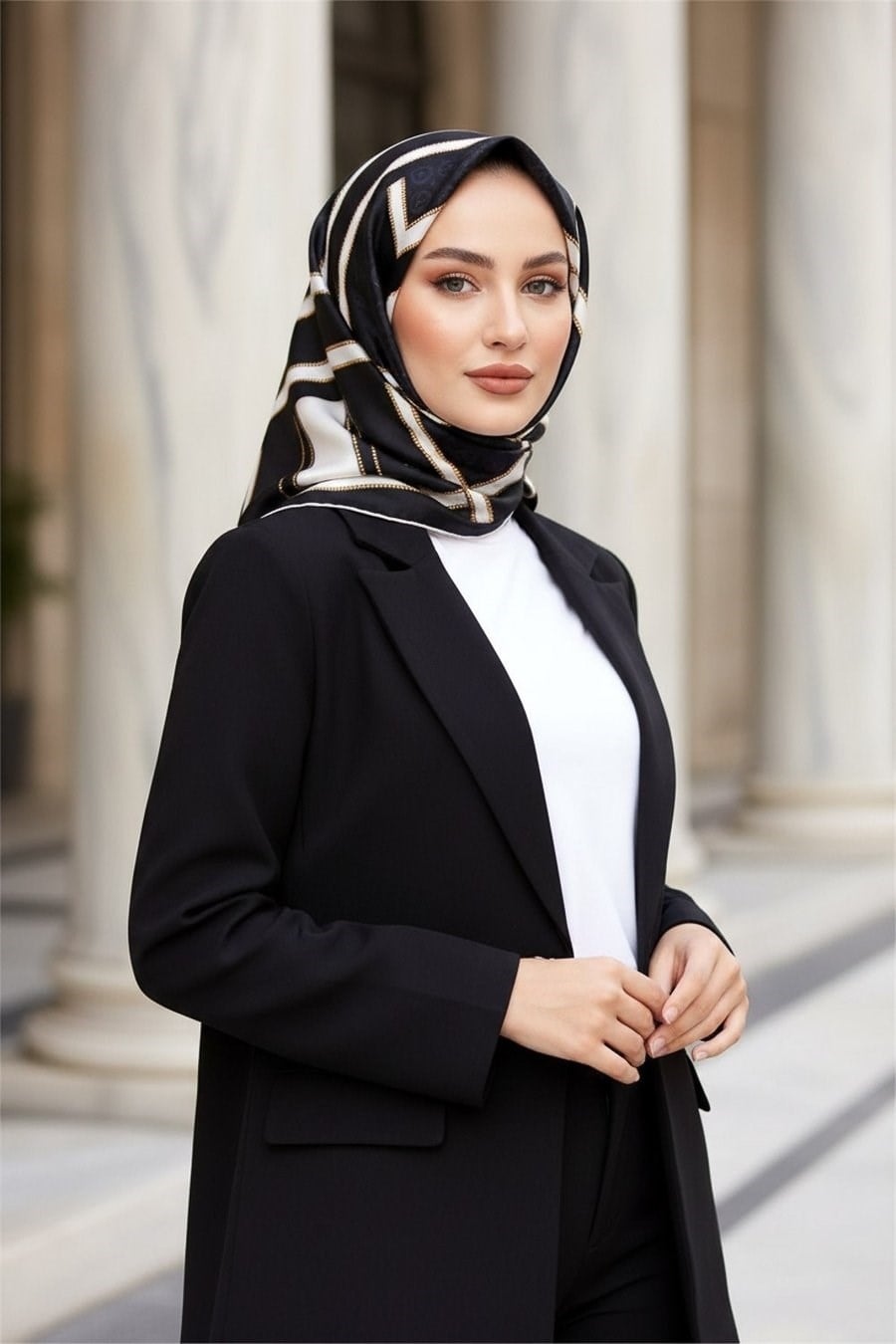 Vissona Tivil İpek Eşarp Siyah Bej 17352 01 Monogram Desen