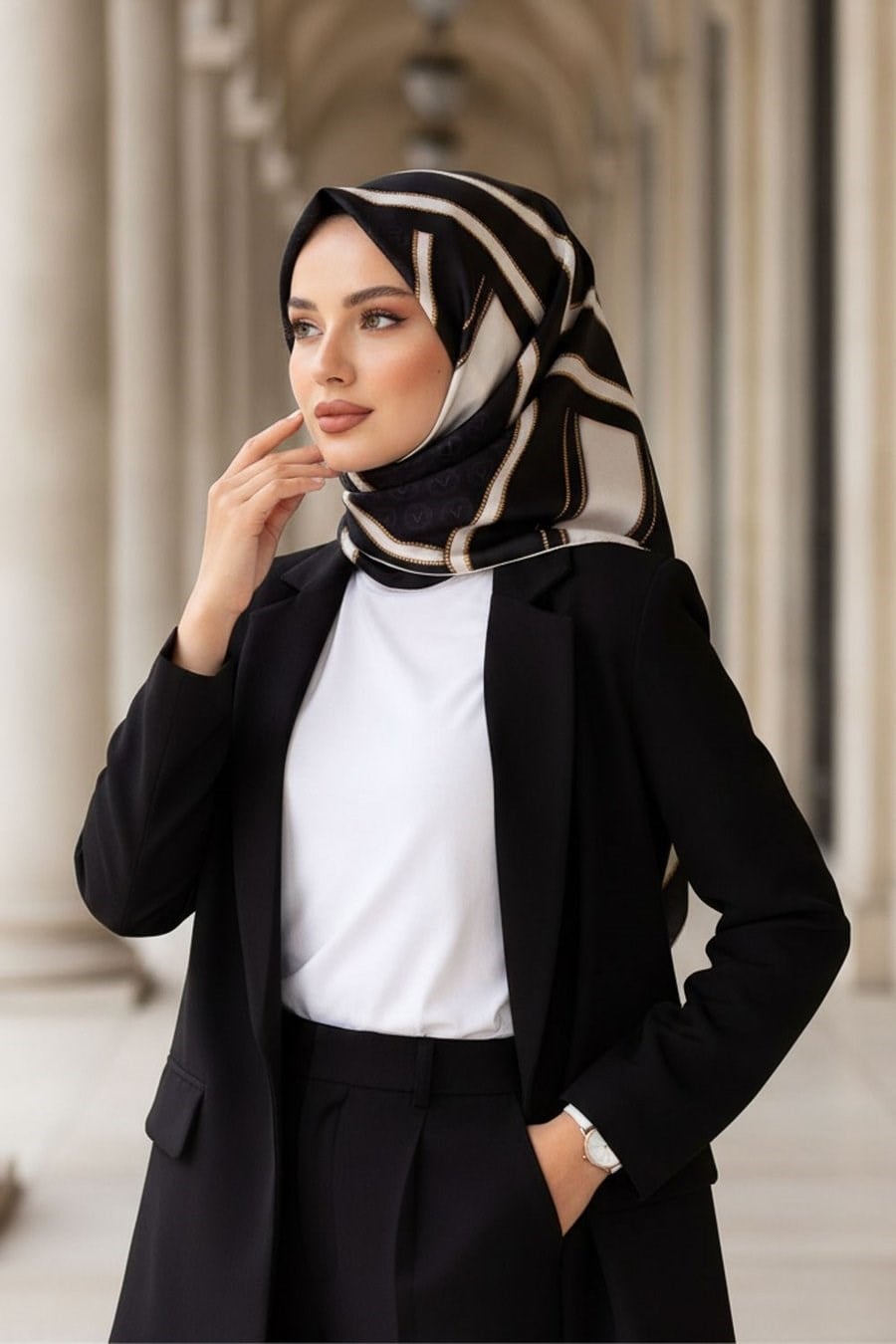 Vissona Tivil İpek Eşarp Siyah Bej 17352 01 Monogram Desen