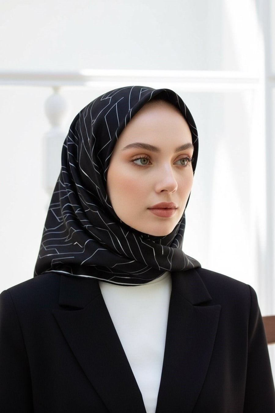 Vissona Tivil İpek Eşarp Siyah Beyaz 6246 03 Geometrik Desen