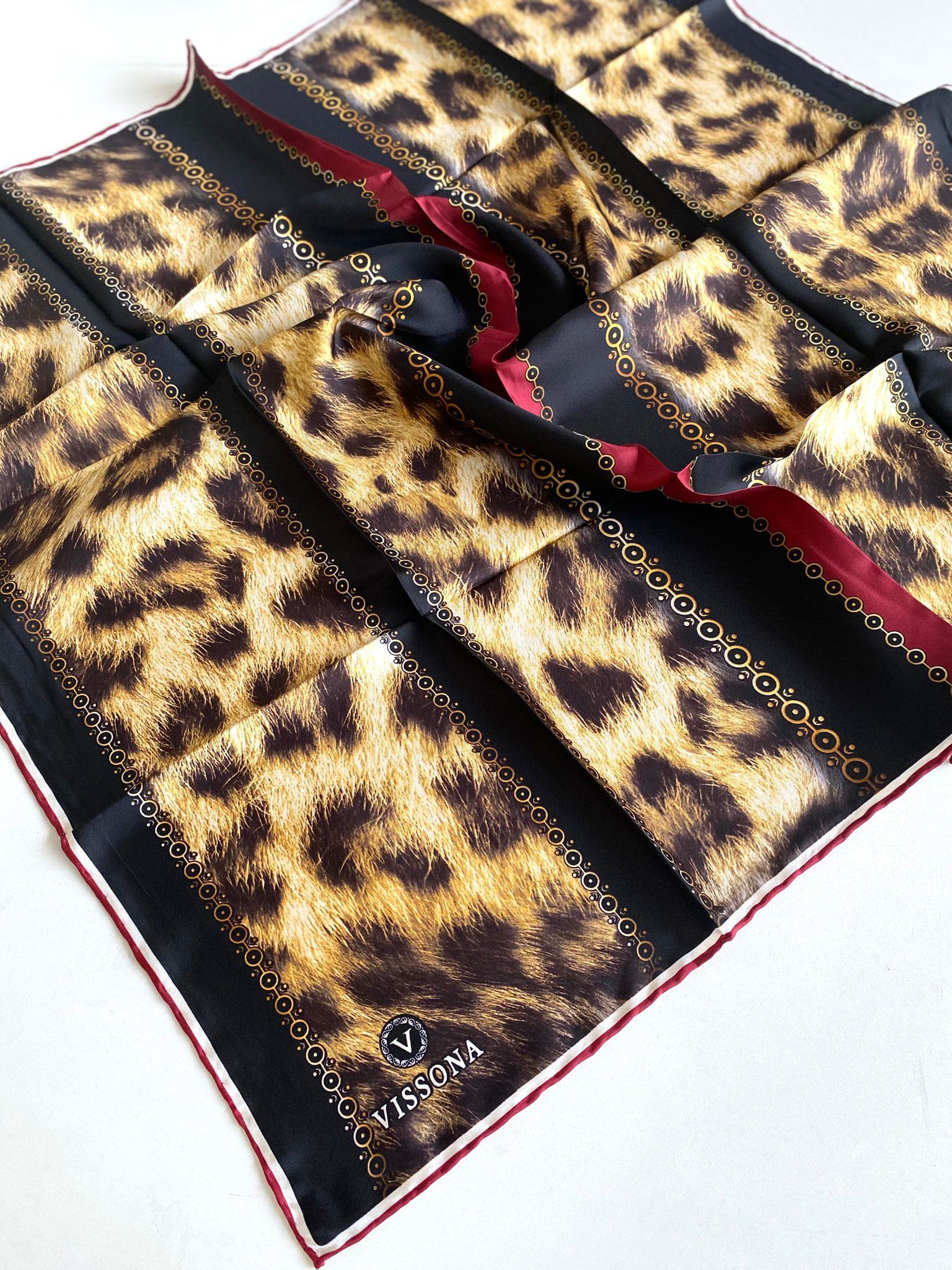 Vissona Twill İpek Eşarp 17565 - 8 - 0018 - 0001 Siyah Bordo Leopar Desen