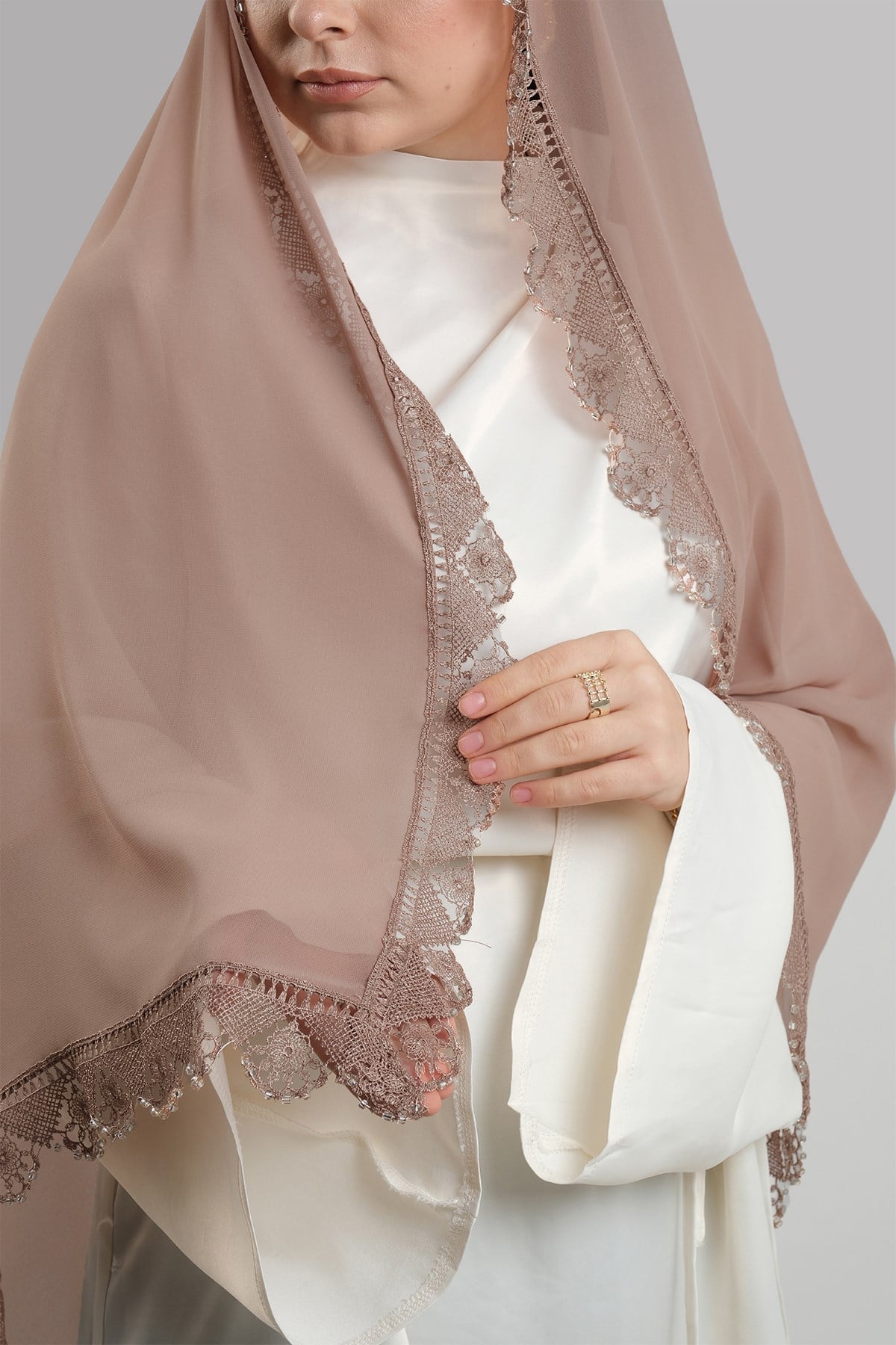 Vizon Nikah Namaz Başörtüsü Şal Şifon Boncuklu Güpürlü 202131_10