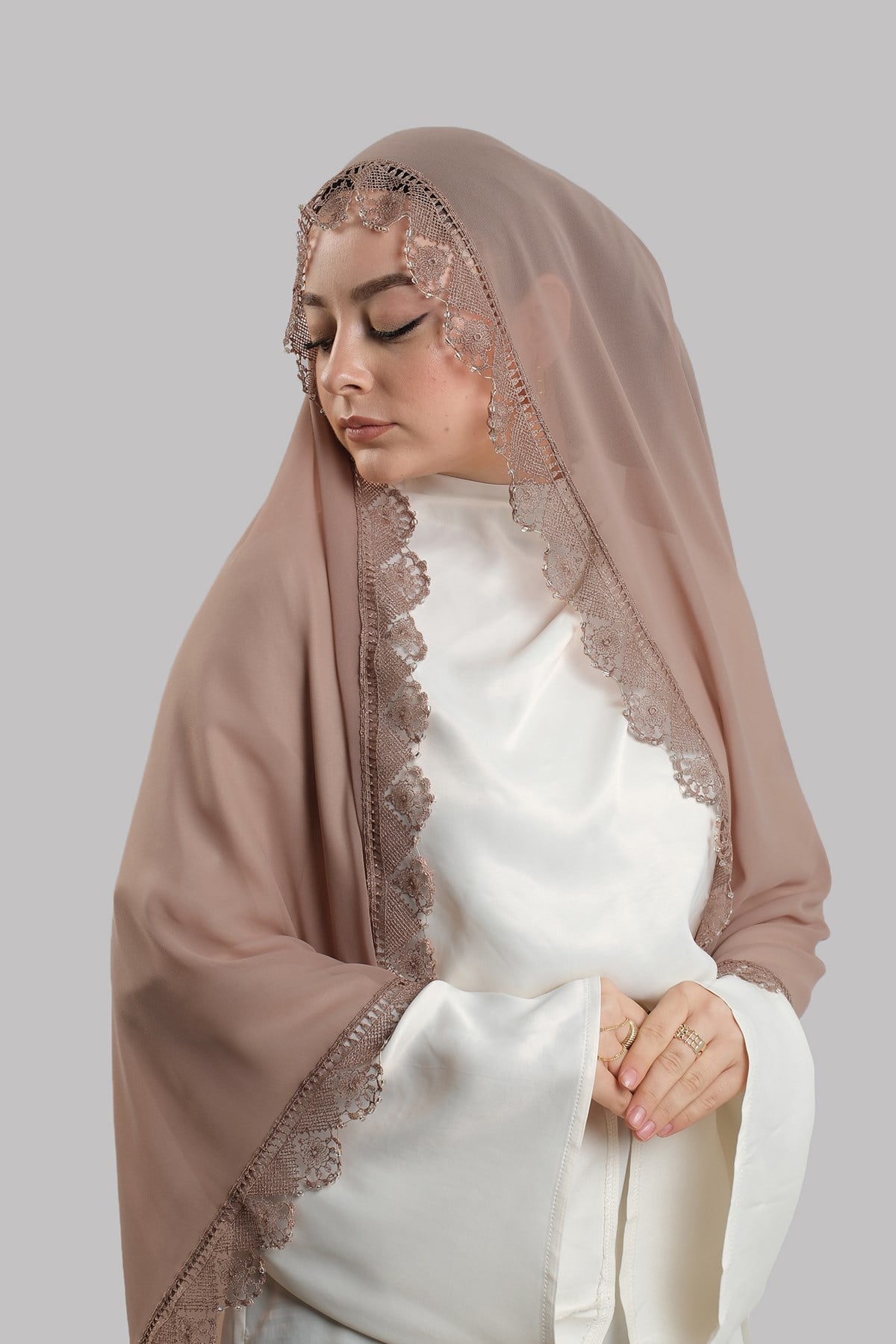 Vizon Nikah Namaz Başörtüsü Şal Şifon Boncuklu Güpürlü 202131_10