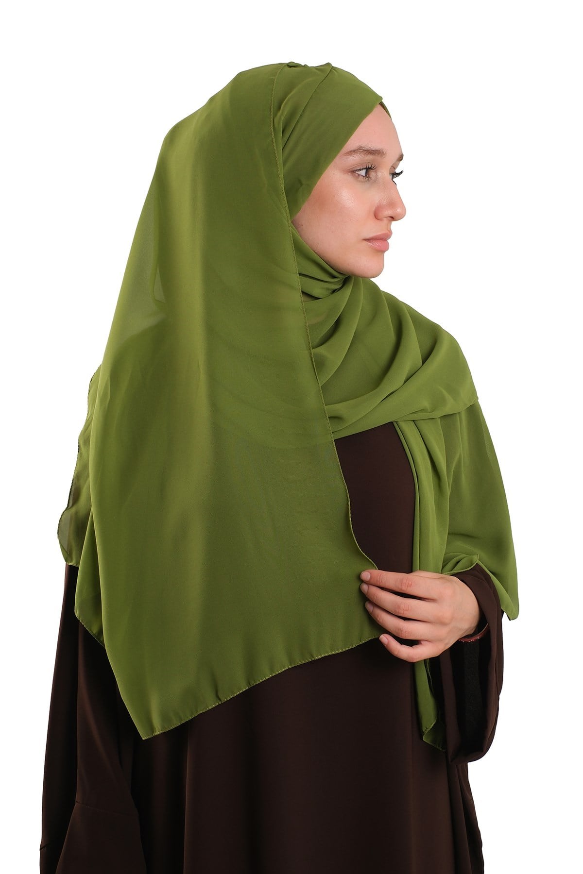 Yağ Yeşili Pratik Hazır Geçmeli Bone Şal Şifon Kendinden Boneli Tek Bantlı 1453_36