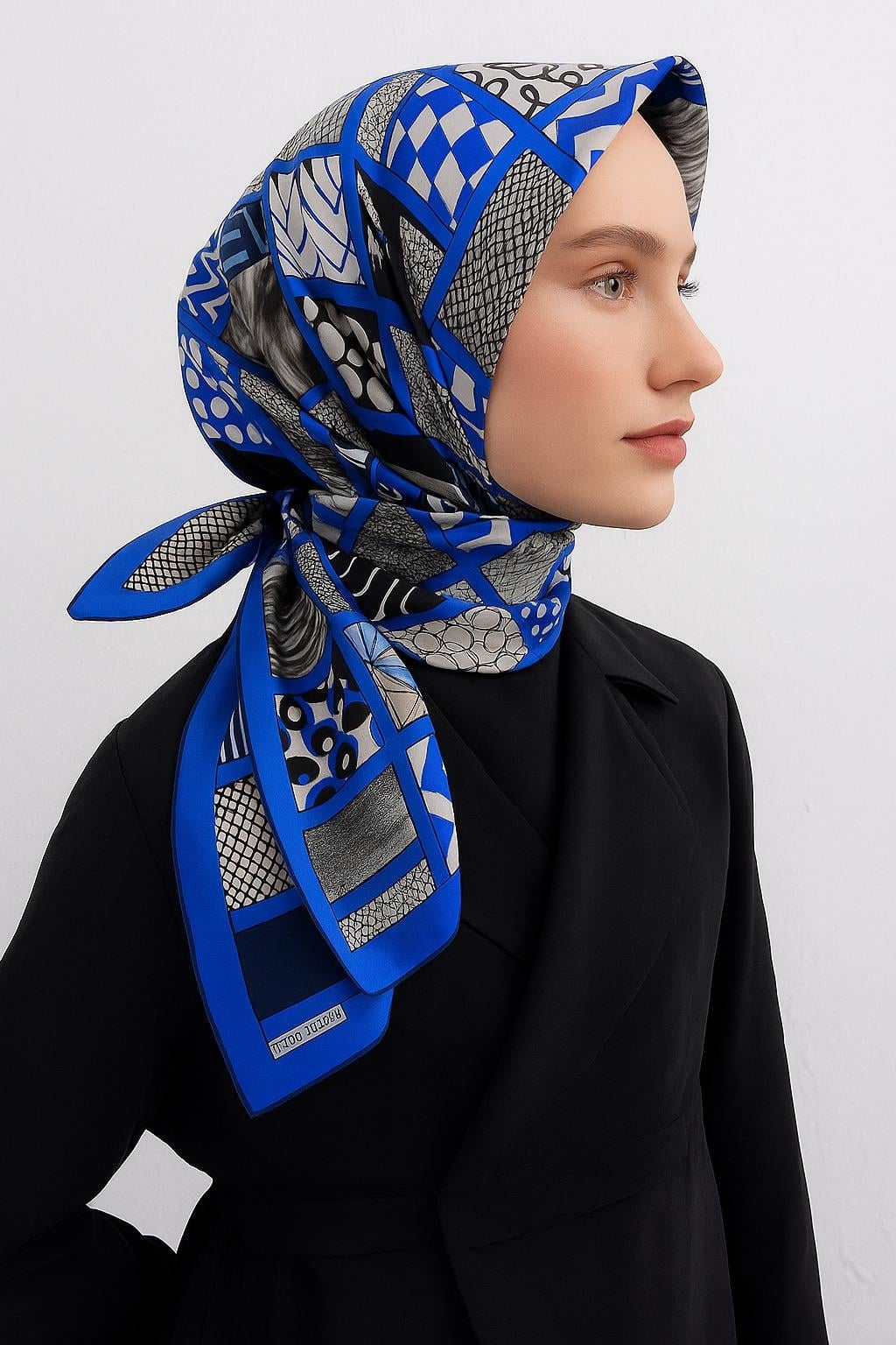 Zerafetim Tivil Pure Silk Scarf 50235 Blue Mixed Pattern Color