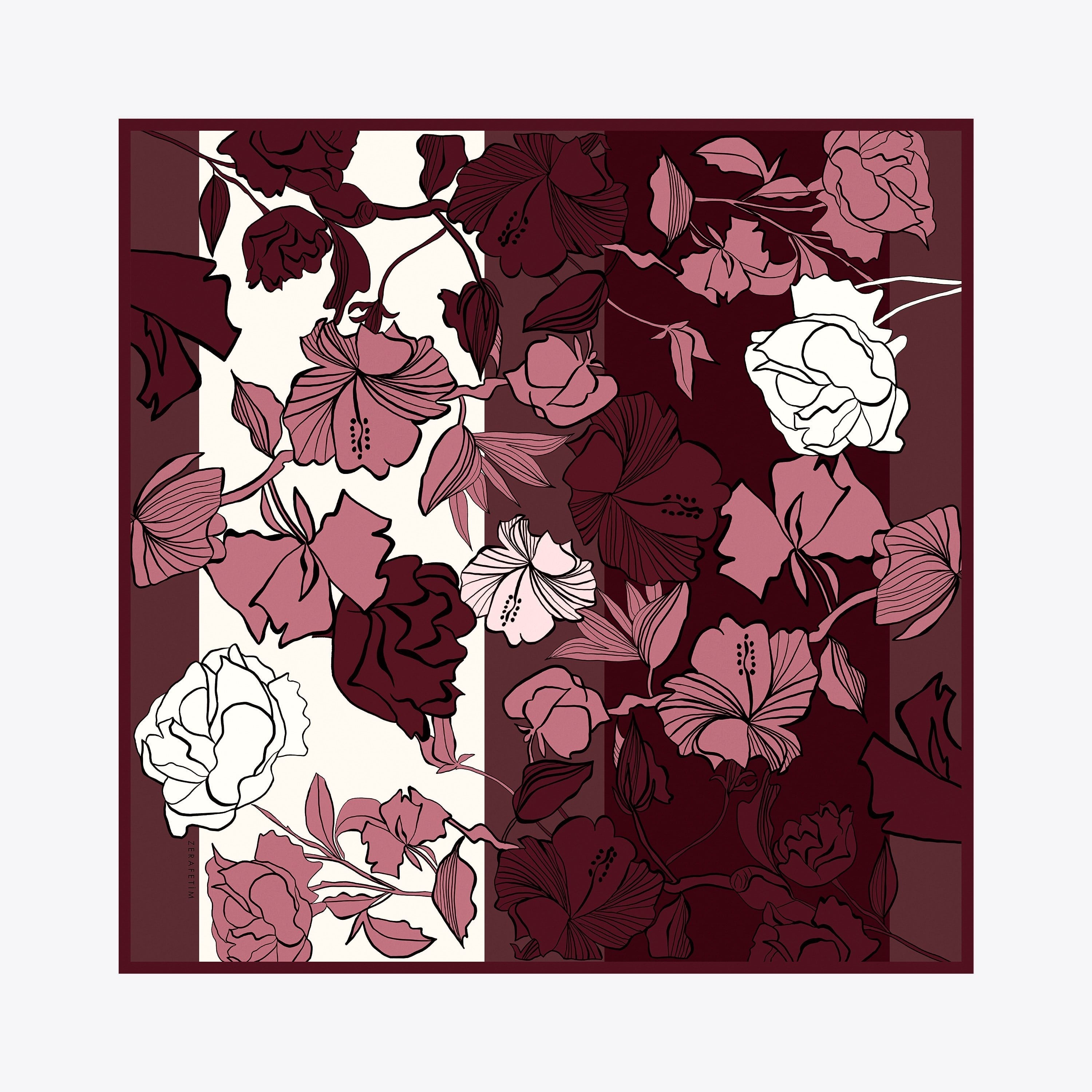 Zerafetim Tivil Saf İpek Eşarp Vişne Çürüğü Flora Desen İpek Twill Eşarp