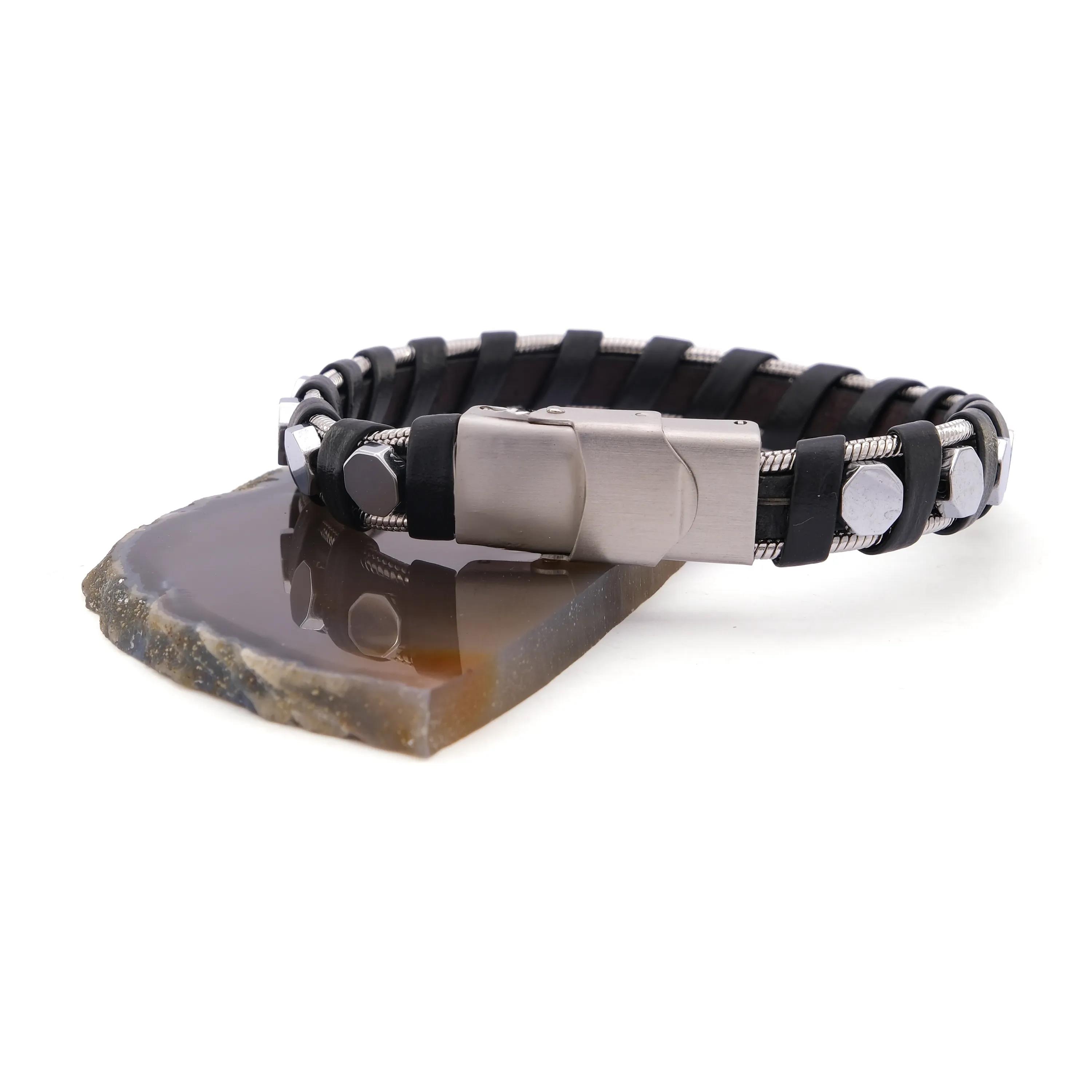 316L Çelik Deri Çift Renkli Erkek Spor Kelepçe Bileklik EBLK-450