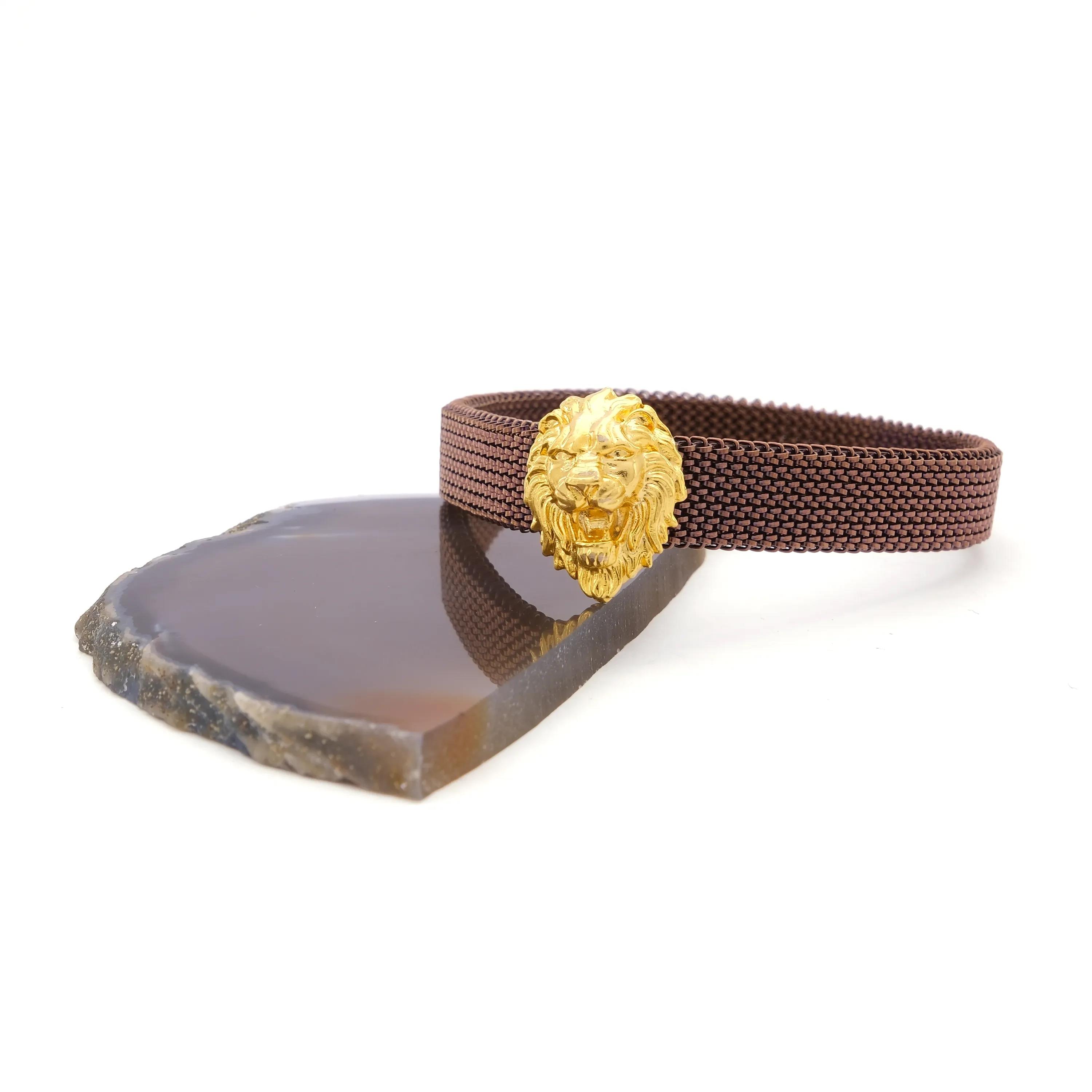 316L Çelik Kahverengi Aslan Figürlü Erkek Kelepçe Bileklik EBLK-418