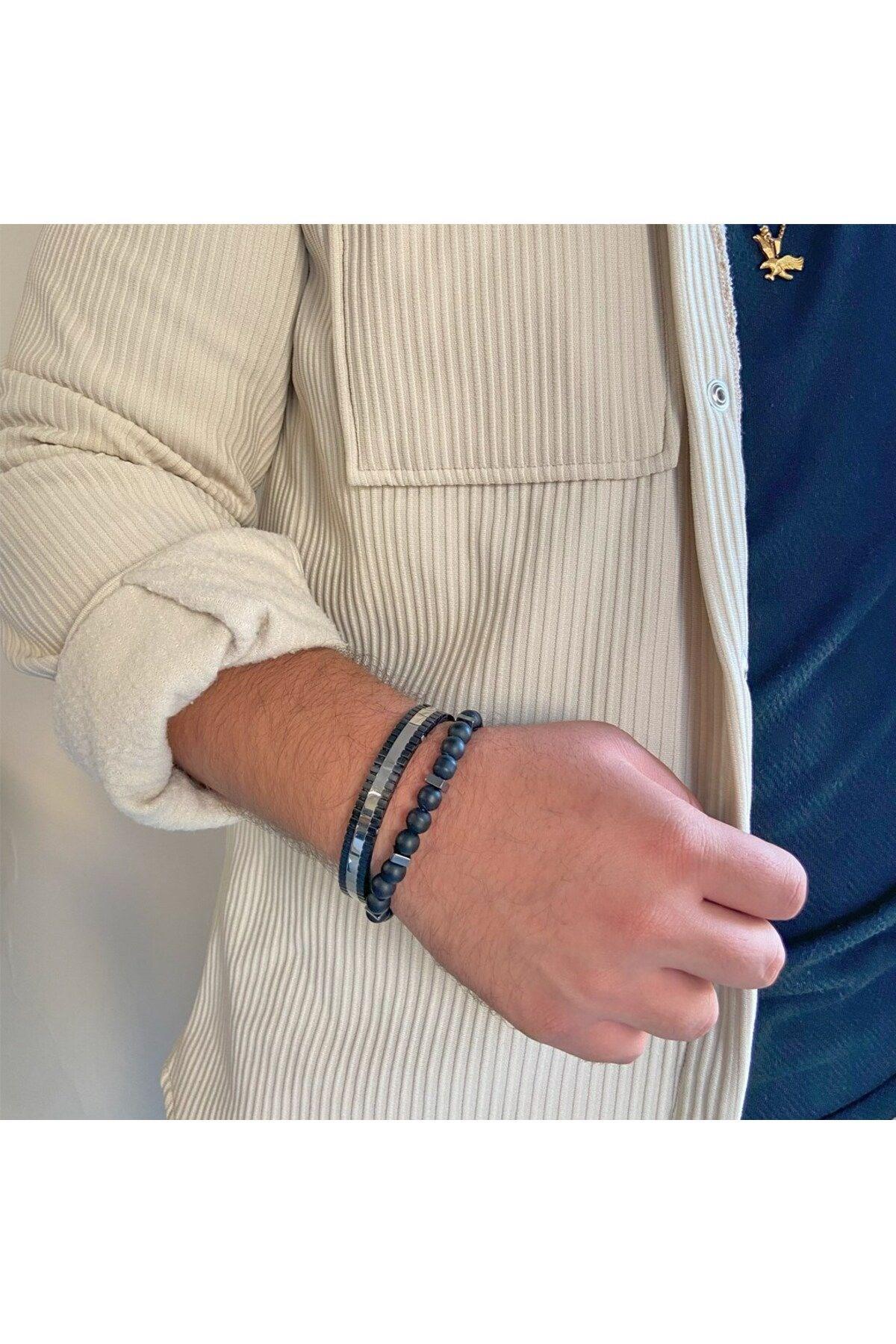 316L Çelik Kelepçe ve Oniks Doğal Taş Erkek Bileklik Kombini KMB-131