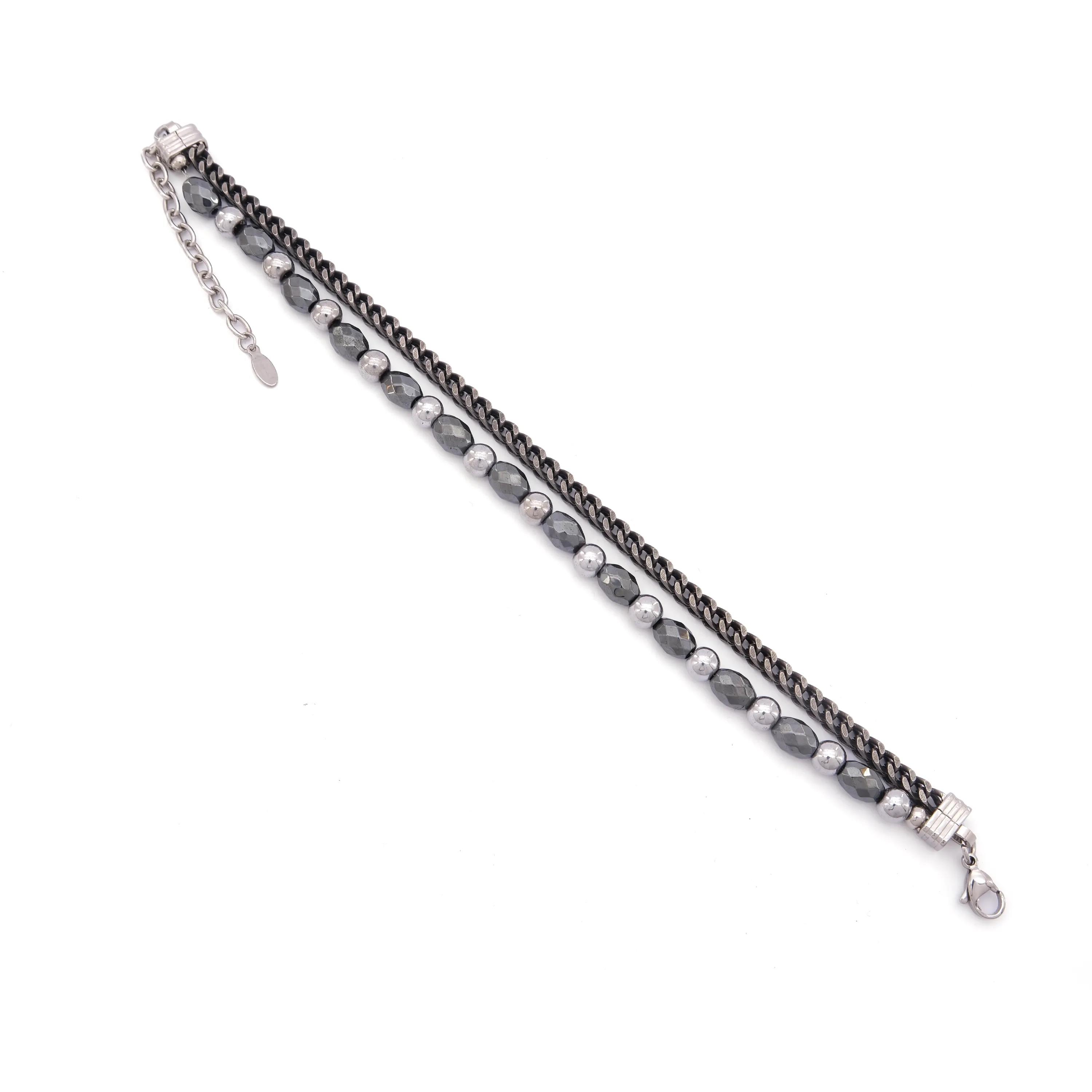 316L Erkek Çelik Bileklik Gri Hematit Taşlı Spor Zincir Bileklik EBLK-460