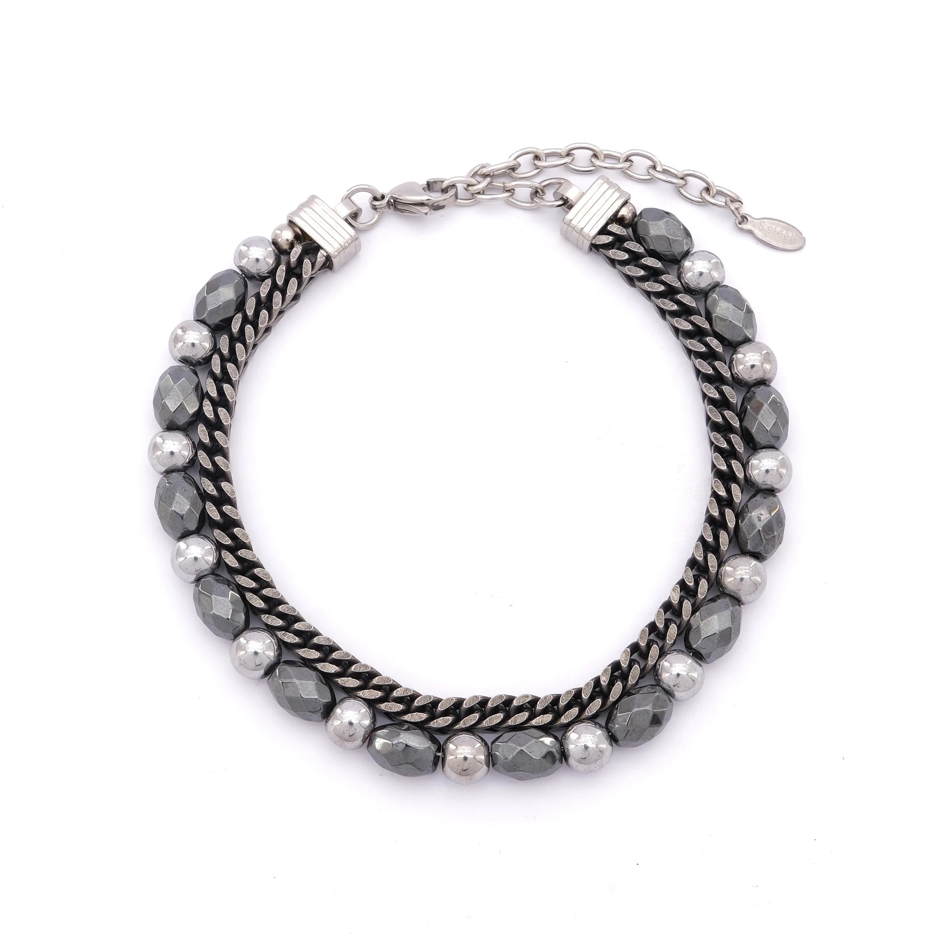 316L Erkek Çelik Bileklik Gri Hematit Taşlı Spor Zincir Bileklik EBLK-460