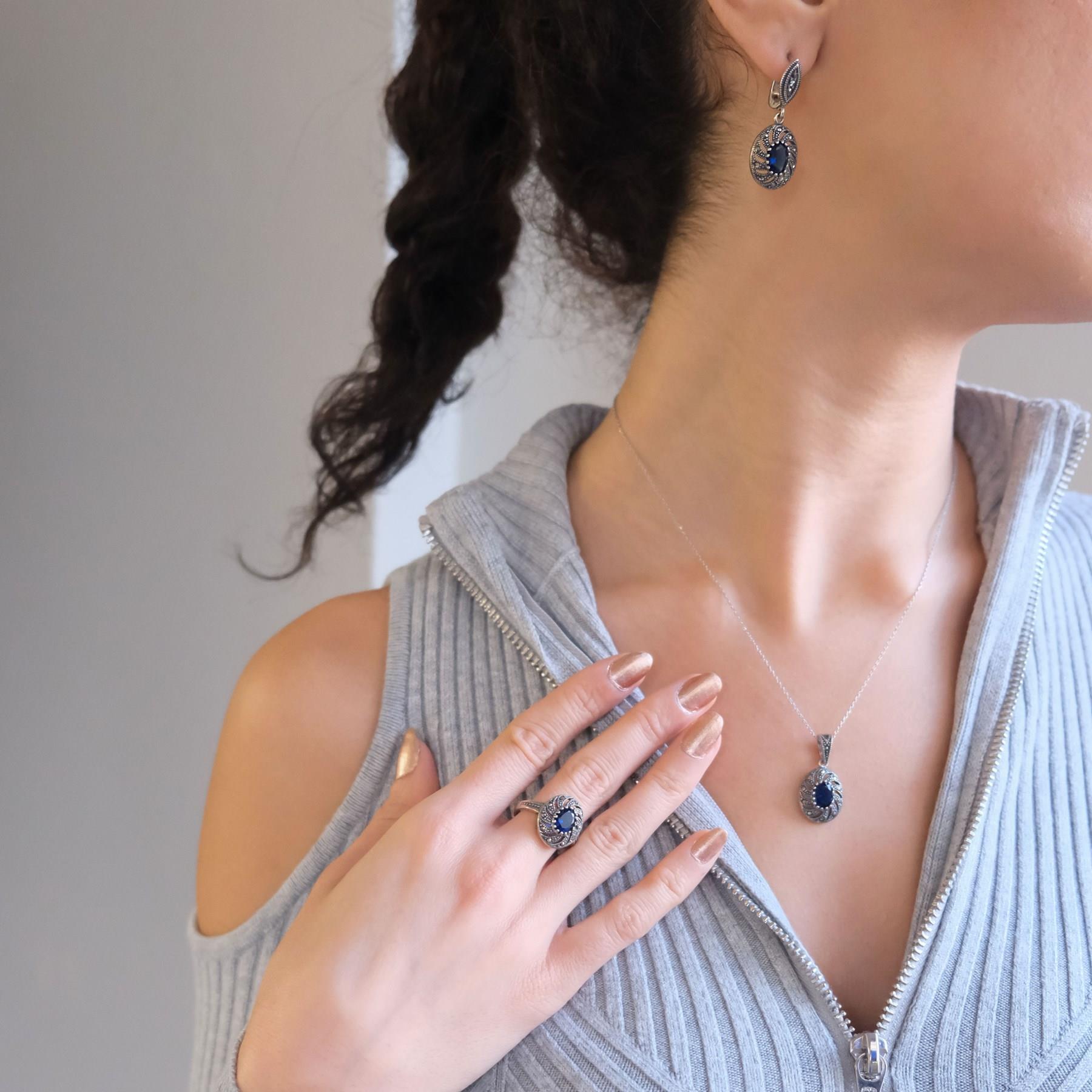 925 Ayar Mavi Akik Taşlı Gümüş Set GSET-100