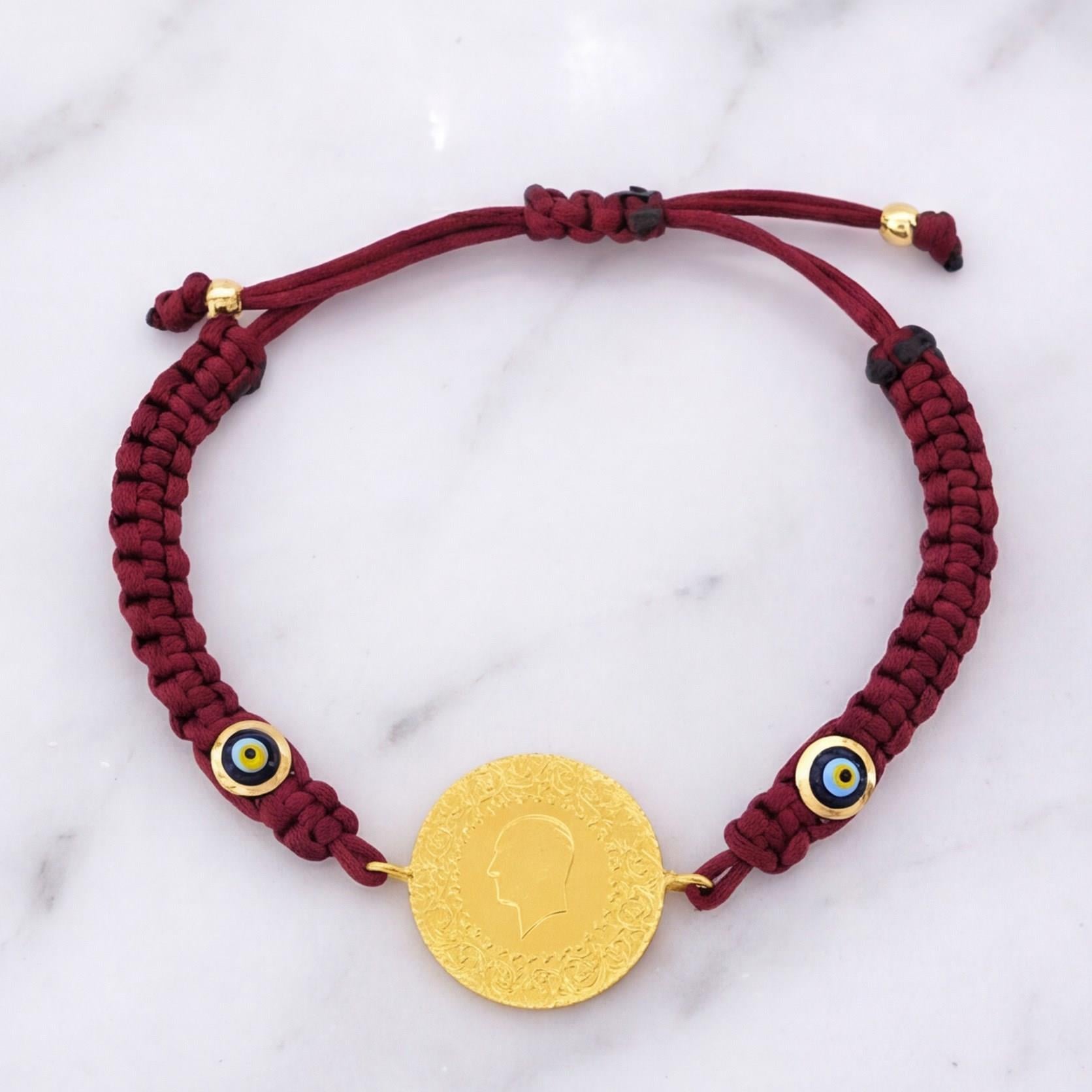 Altın Kaplama Yarım Altınlı Bordo İpli Bileklik BLK-1239