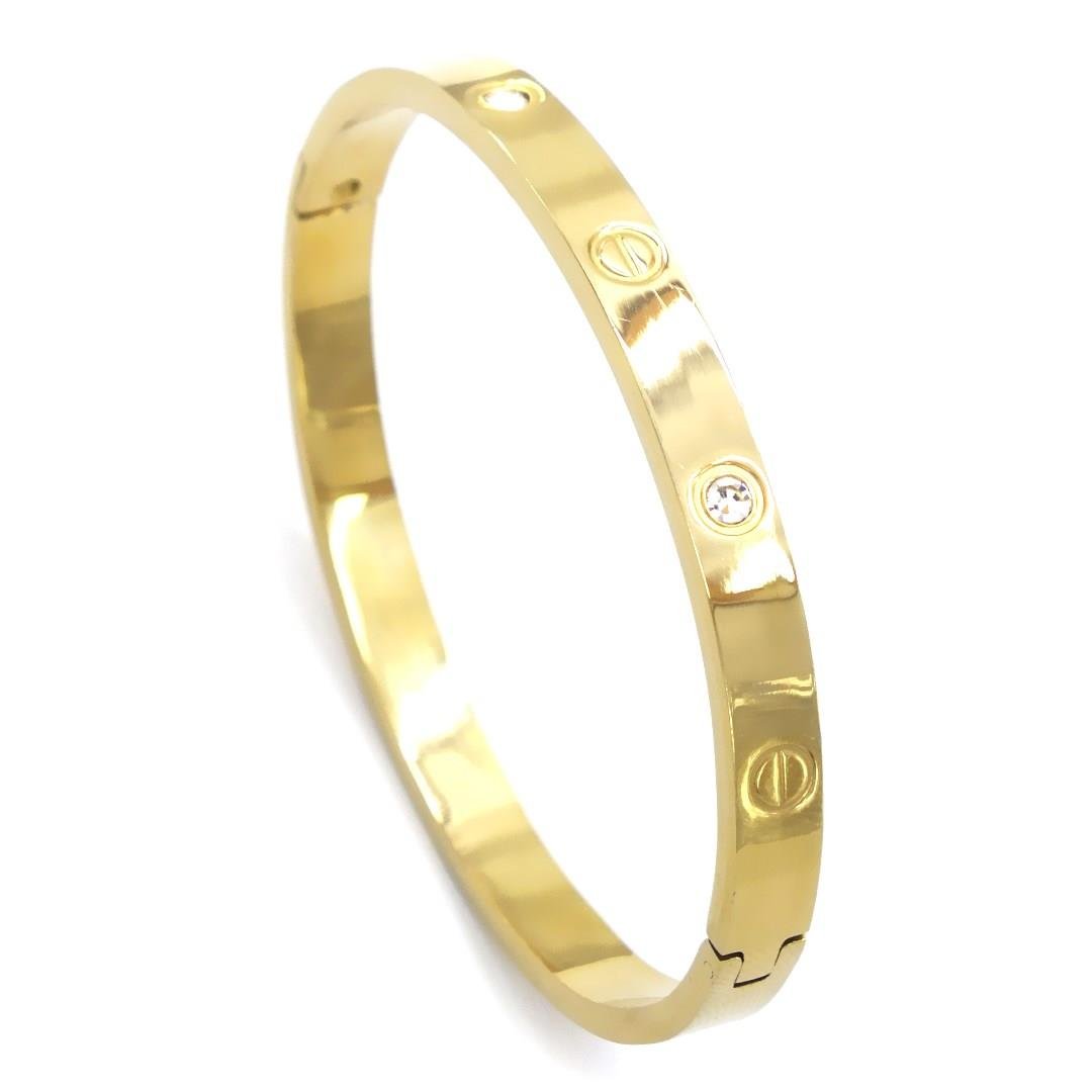 Çelik Kelepçe Bileklik Altın Kaplama Love Taşlı Model BLZ-495