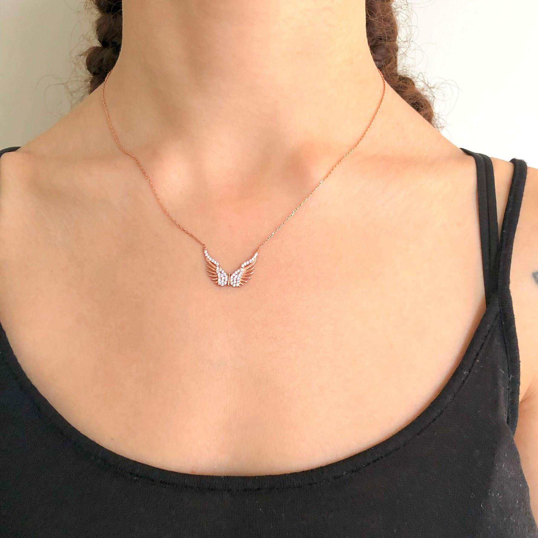 Melek Kanatlı Zirkon Taşlı Rose Gümüş Kolye GK-203