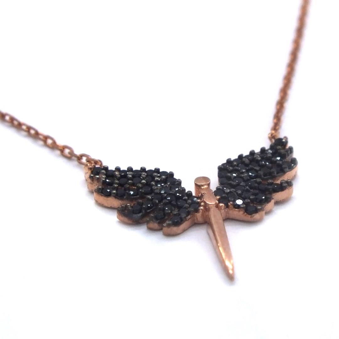 Siyah Zirkon Taşlı Mikail (Huzur) Meleği Rose Gümüş Kolye GK-205