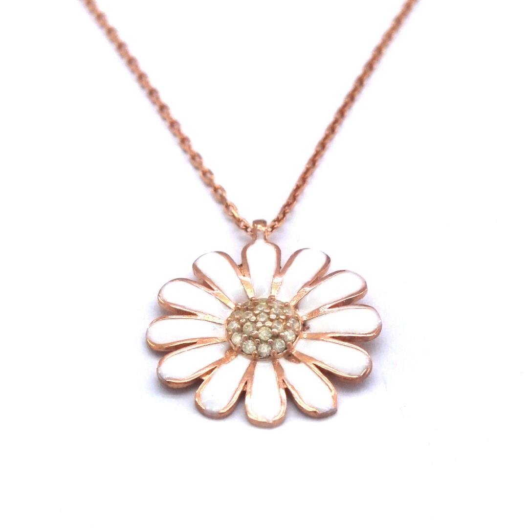 Zirkon Taşlı Beyaz Çiçek Rose Gümüş Kolye GK-216