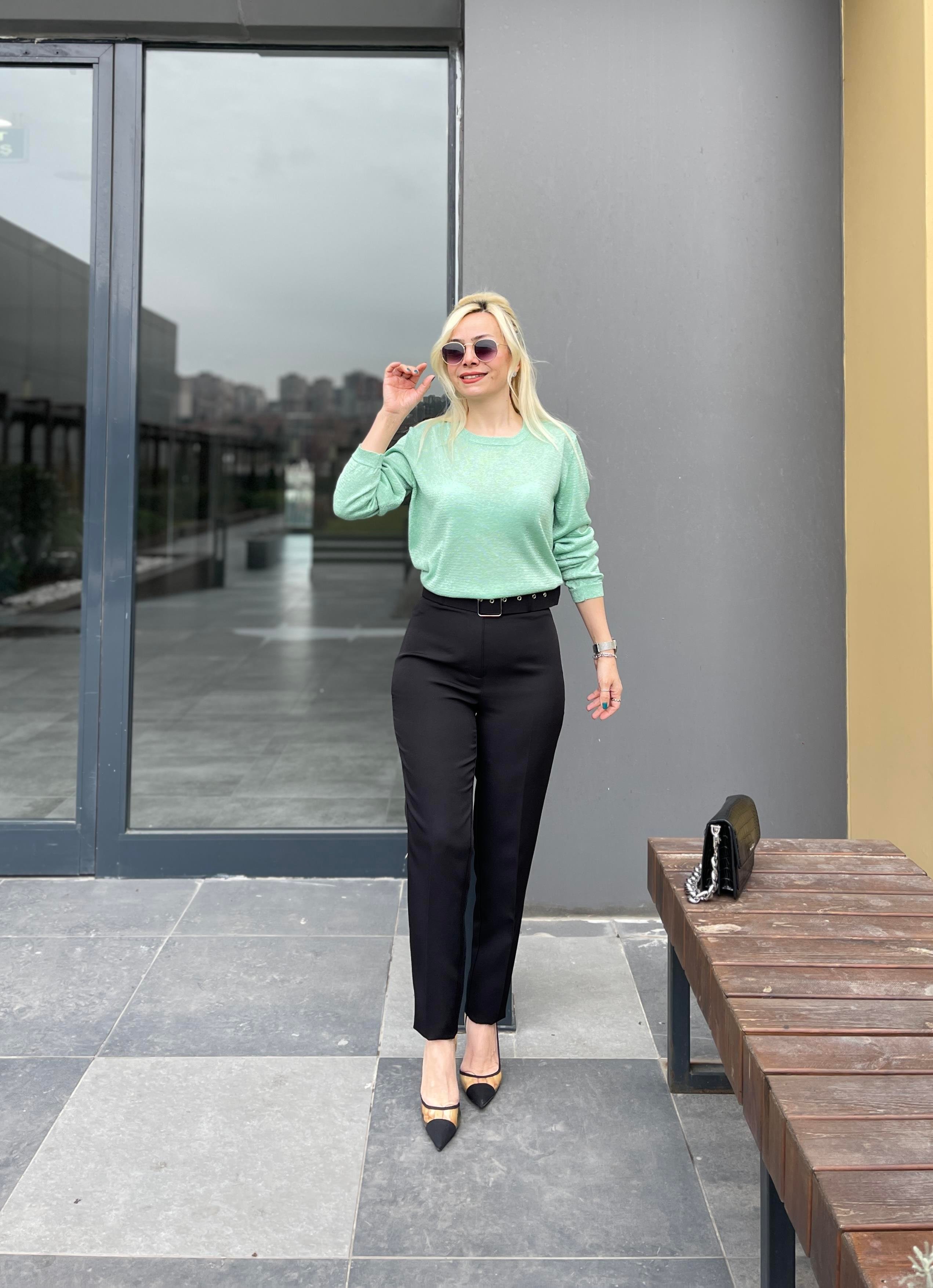 Simli Bisiklet Yaka Mint Yeşili Triko Kazak 