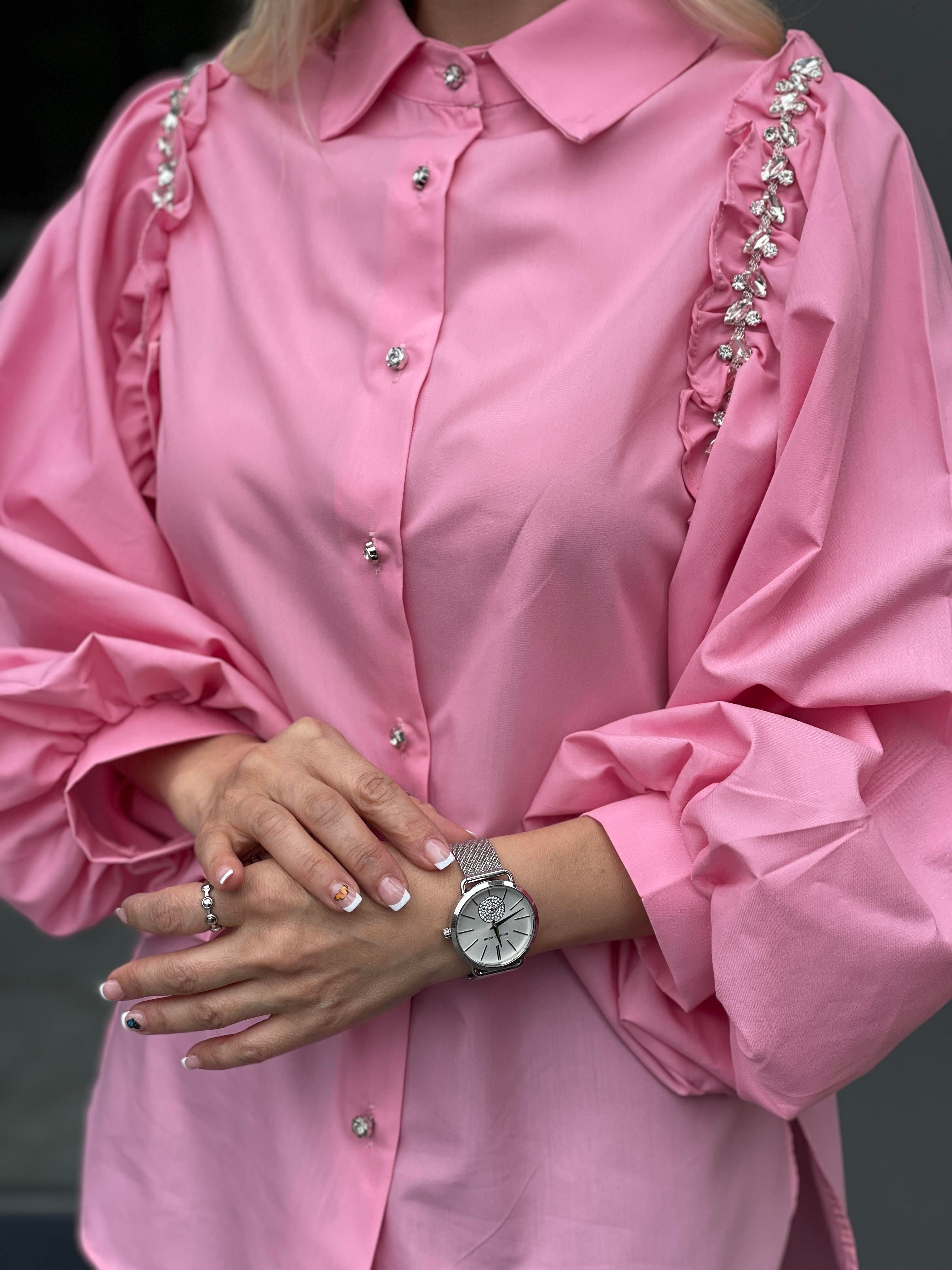 Taş Detaylı Balon Kol Pembe Gömlek