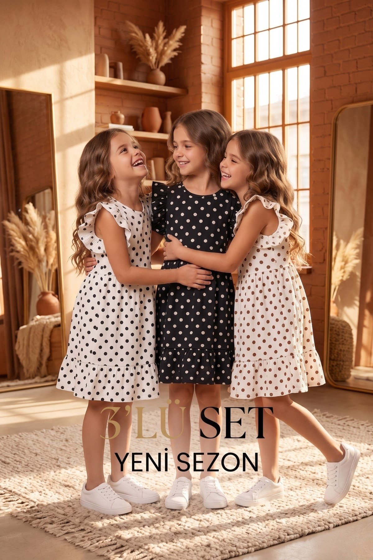 3 LÜ SET Kız Çocuk Elbise 3 ADET PUANTİYELİ   YENİ SEZON YAZLIK 