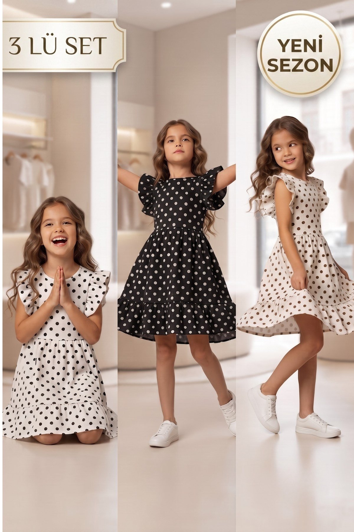 3 LÜ SET Kız Çocuk Elbise 3 ADET PUANTİYELİ   YENİ SEZON YAZLIK 