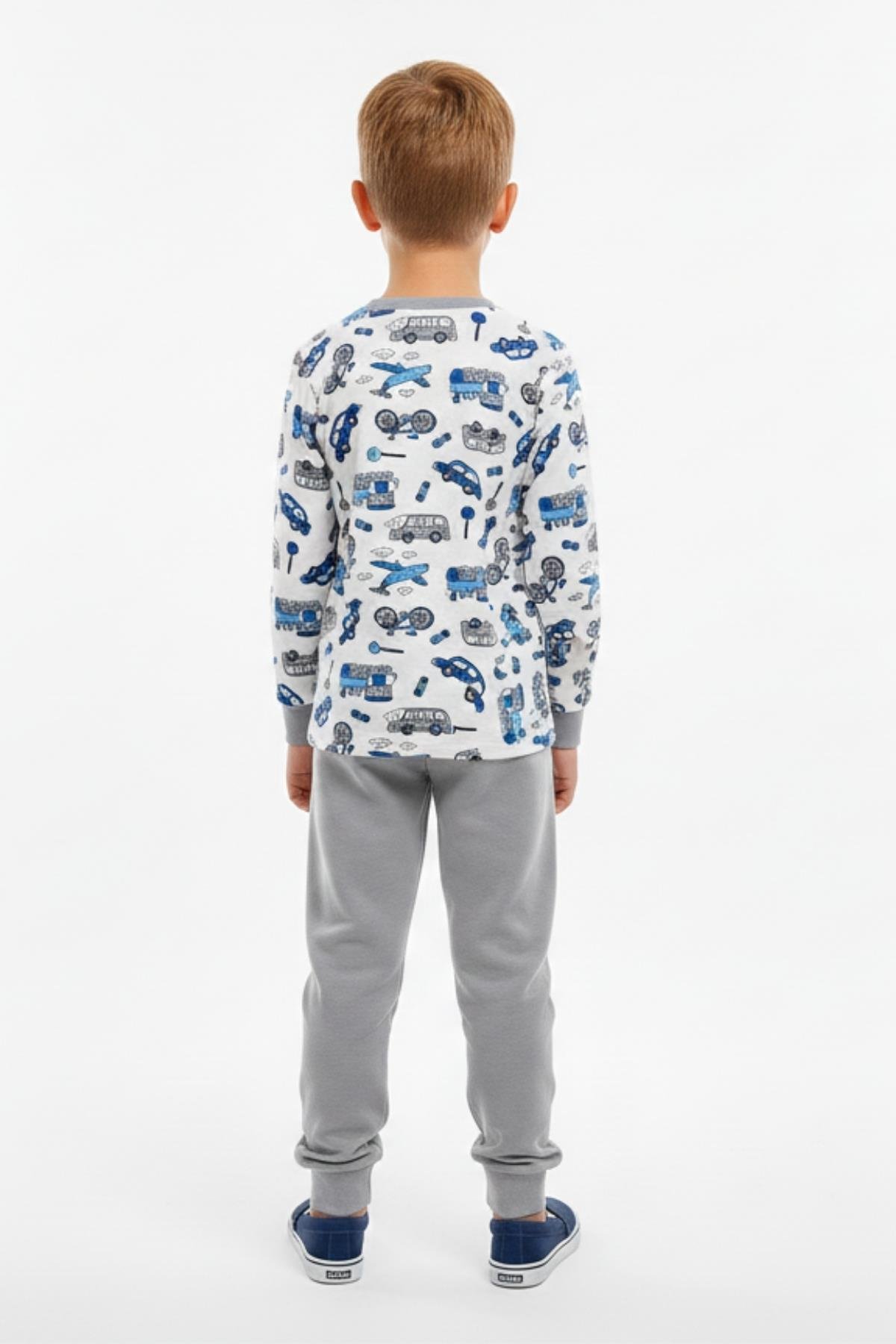 Araba ve Bisiklet Desenli Uzun Kollu Mevsimlik Erkek Çocuk Pamuk Pijama Takımı