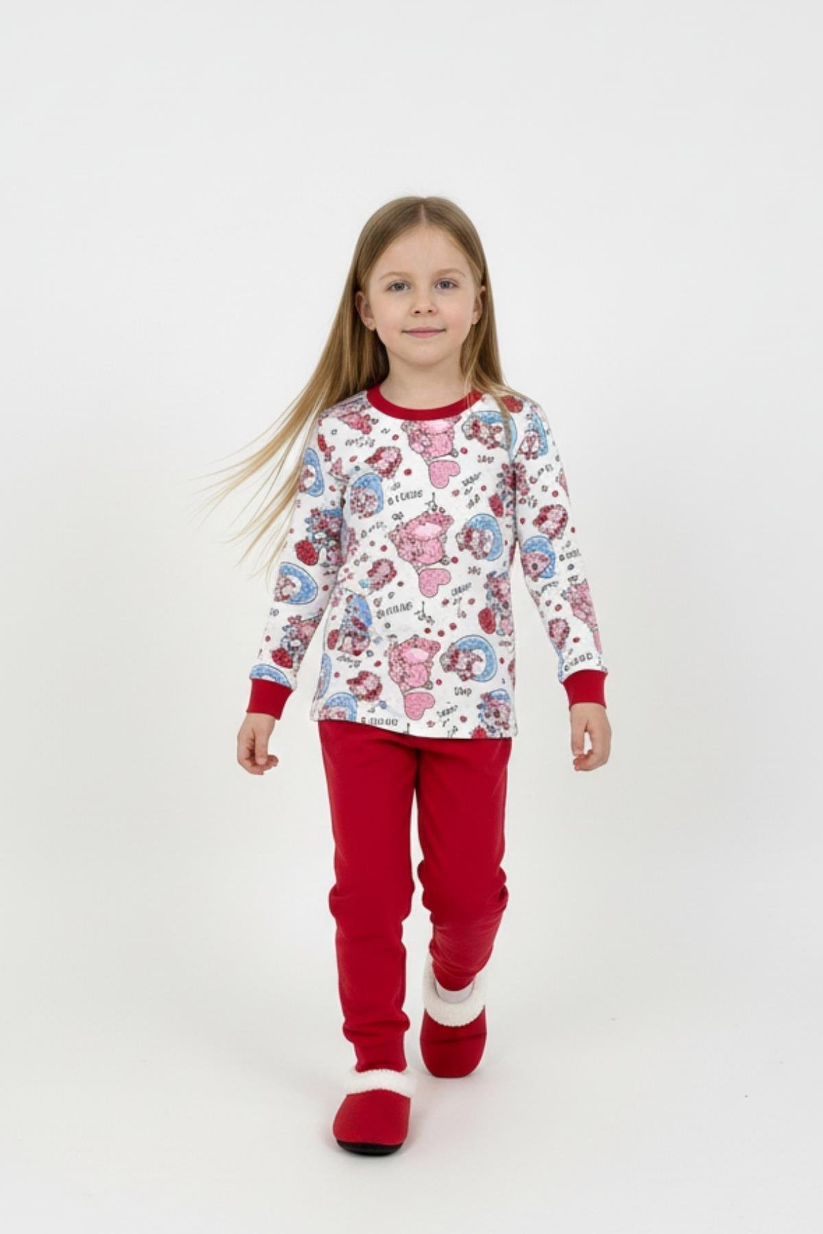 Ayıcık ve Ay Desenli Uzun Kollu Mevsimlik Pamuk Kız Çocuk Pijama Takımı