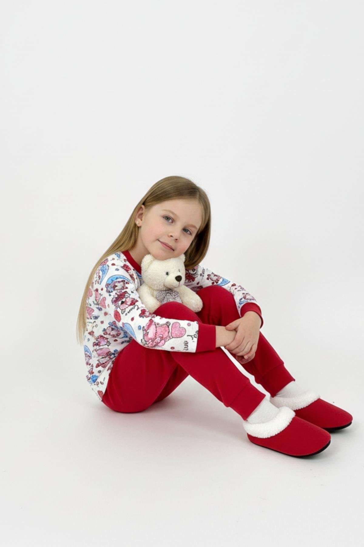 Ayıcık ve Ay Desenli Uzun Kollu Mevsimlik Pamuk Kız Çocuk Pijama Takımı