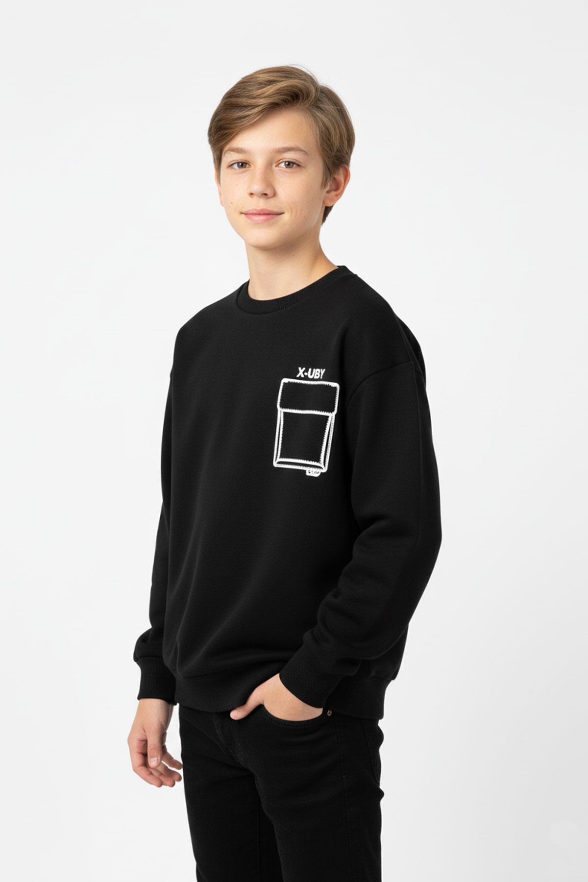 Baskı Detaylı Bisiklet Yaka Erkek Çocuk Sweatshirt