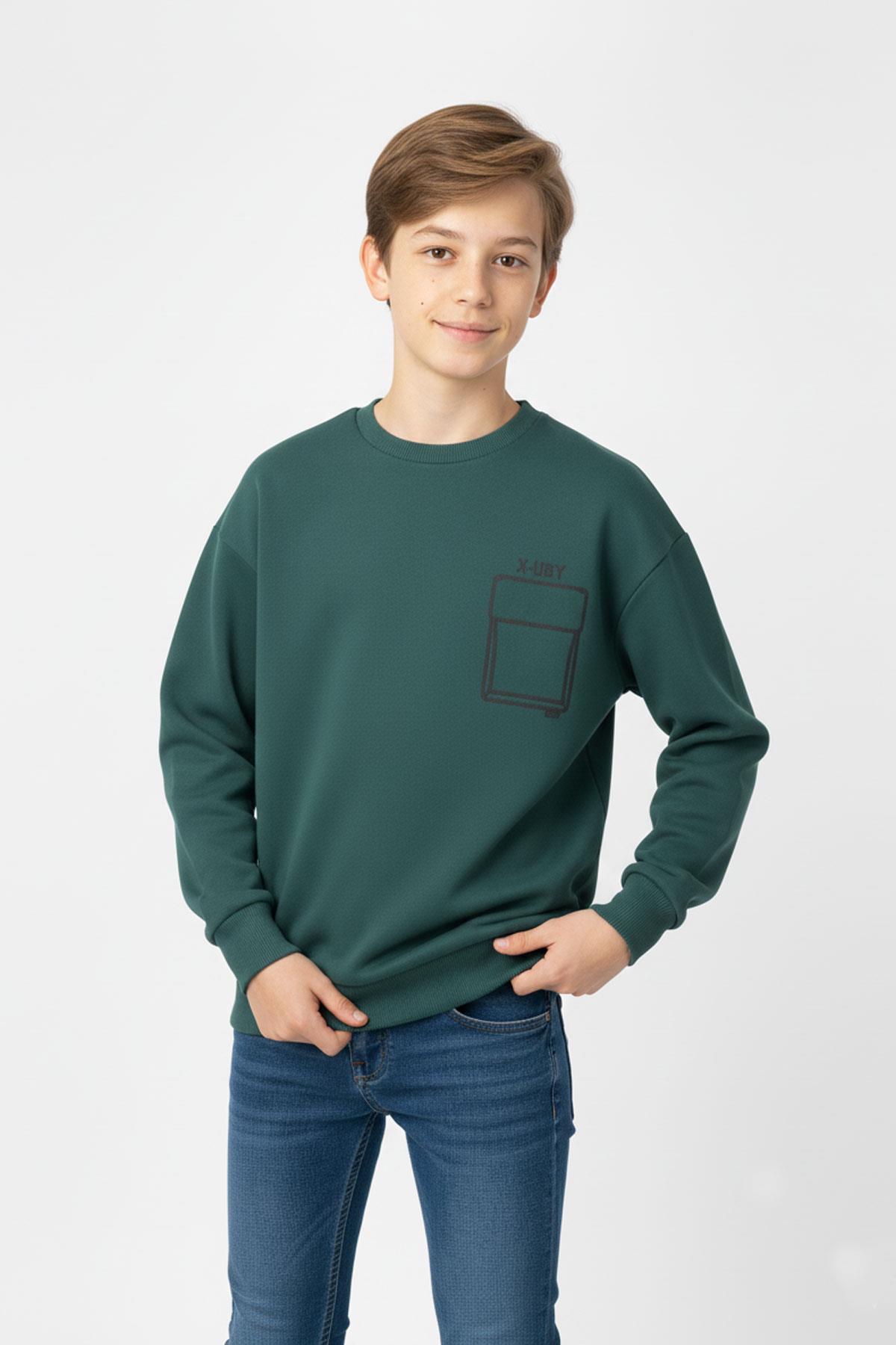 Baskı Detaylı Bisiklet Yaka Erkek Çocuk Sweatshirt