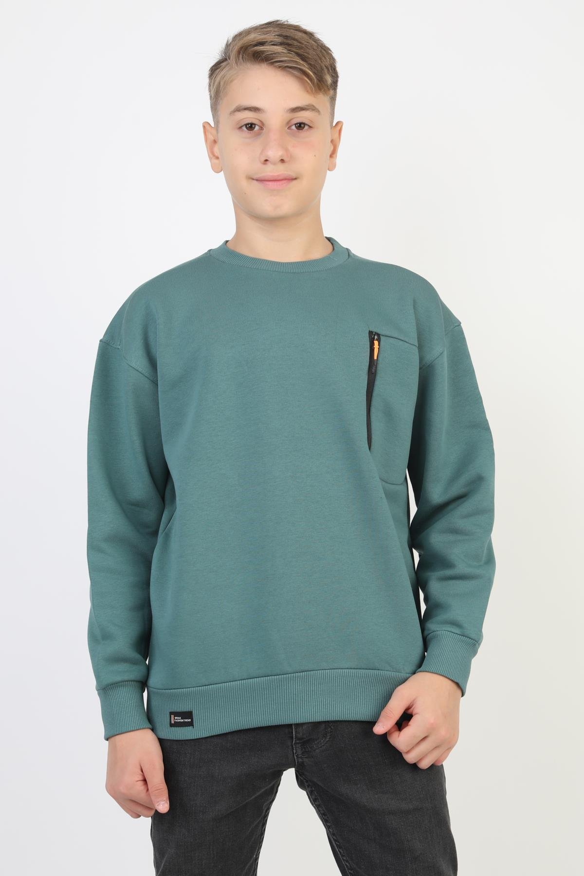 Bisiklet Yaka Cep Fermuar Detaylı Erkek Çocuk Sweatshirt