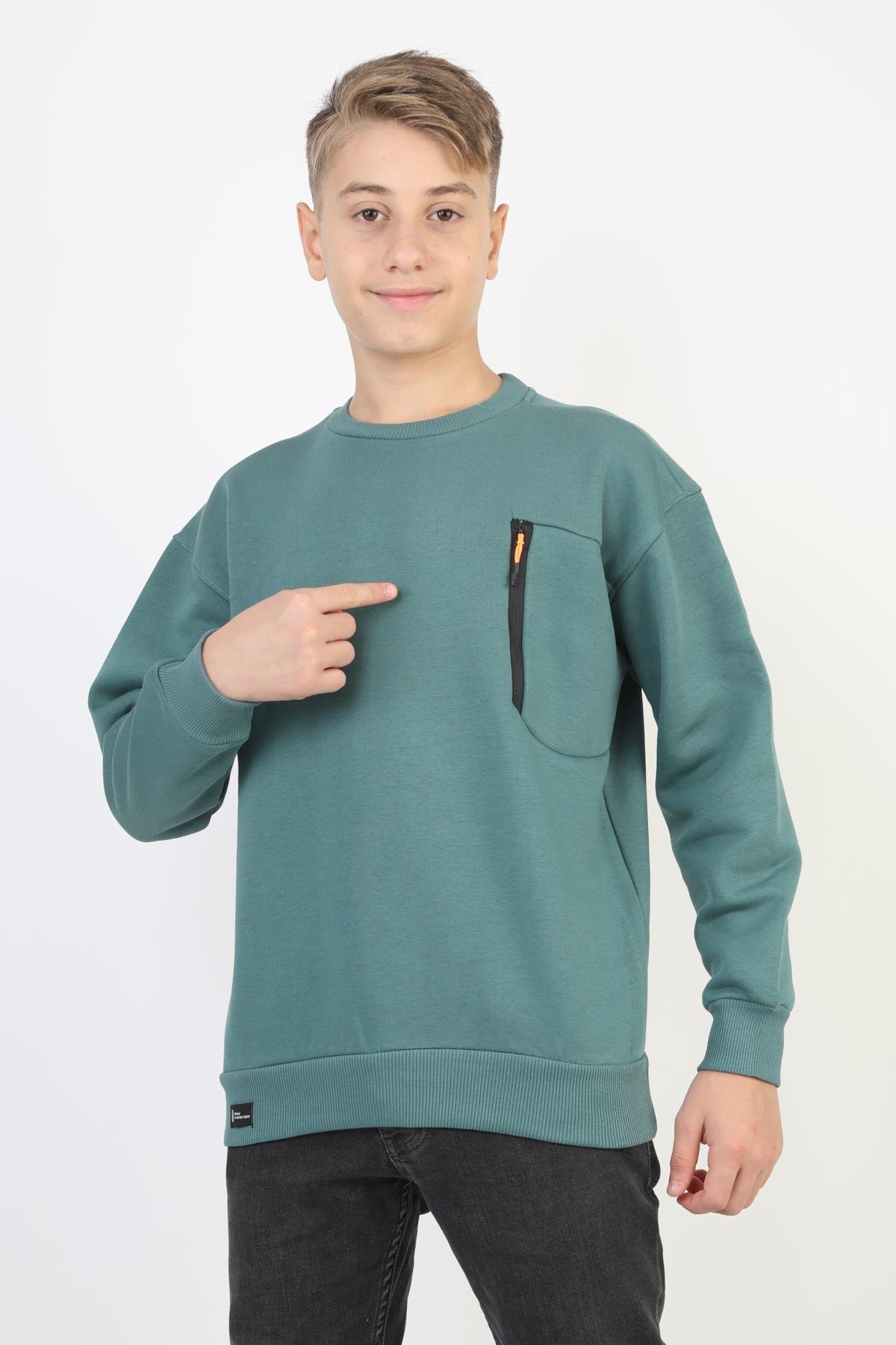 Bisiklet Yaka Cep Fermuar Detaylı Erkek Çocuk Sweatshirt