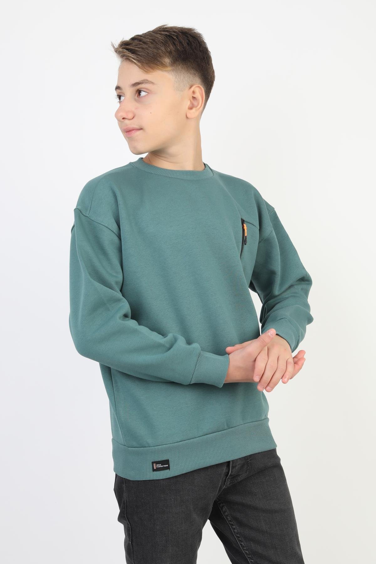 Bisiklet Yaka Cep Fermuar Detaylı Erkek Çocuk Sweatshirt