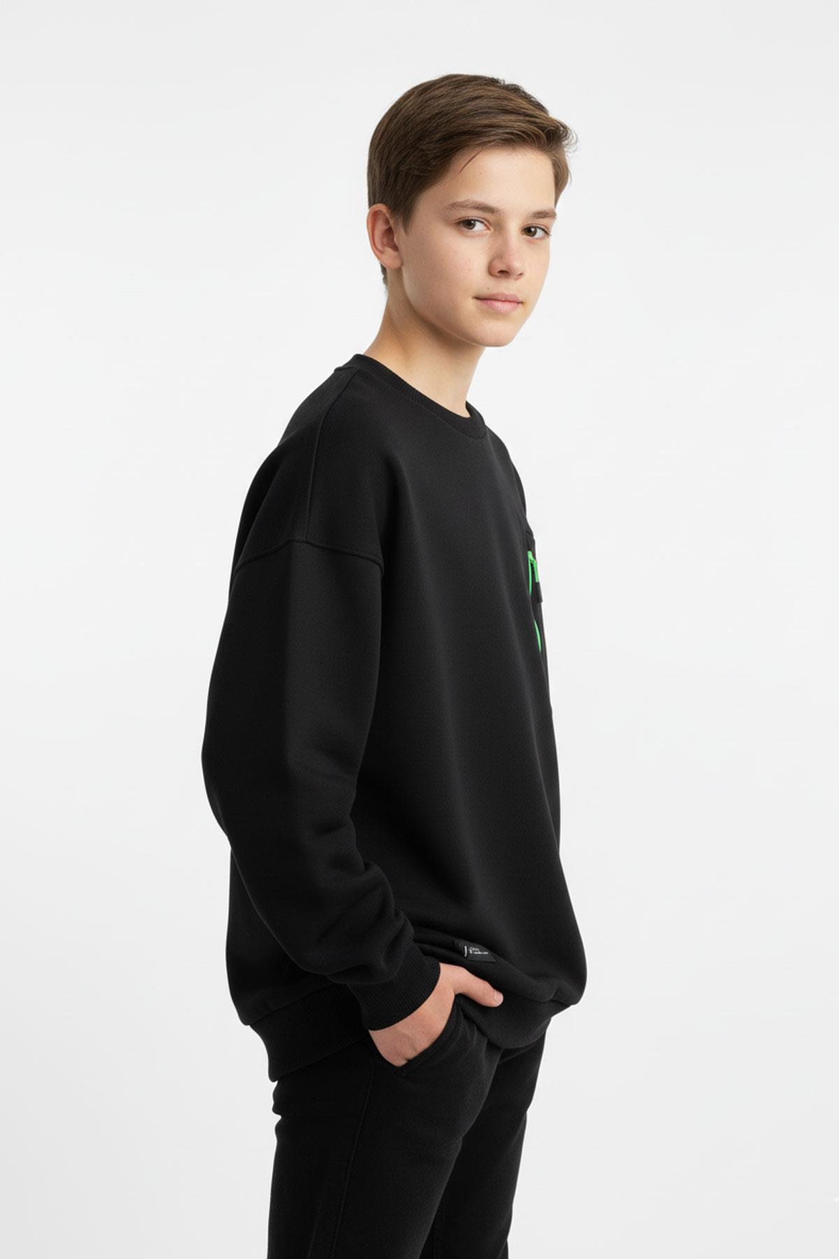 Bisiklet Yaka Cep Fermuar Detaylı Erkek Çocuk Sweatshirt