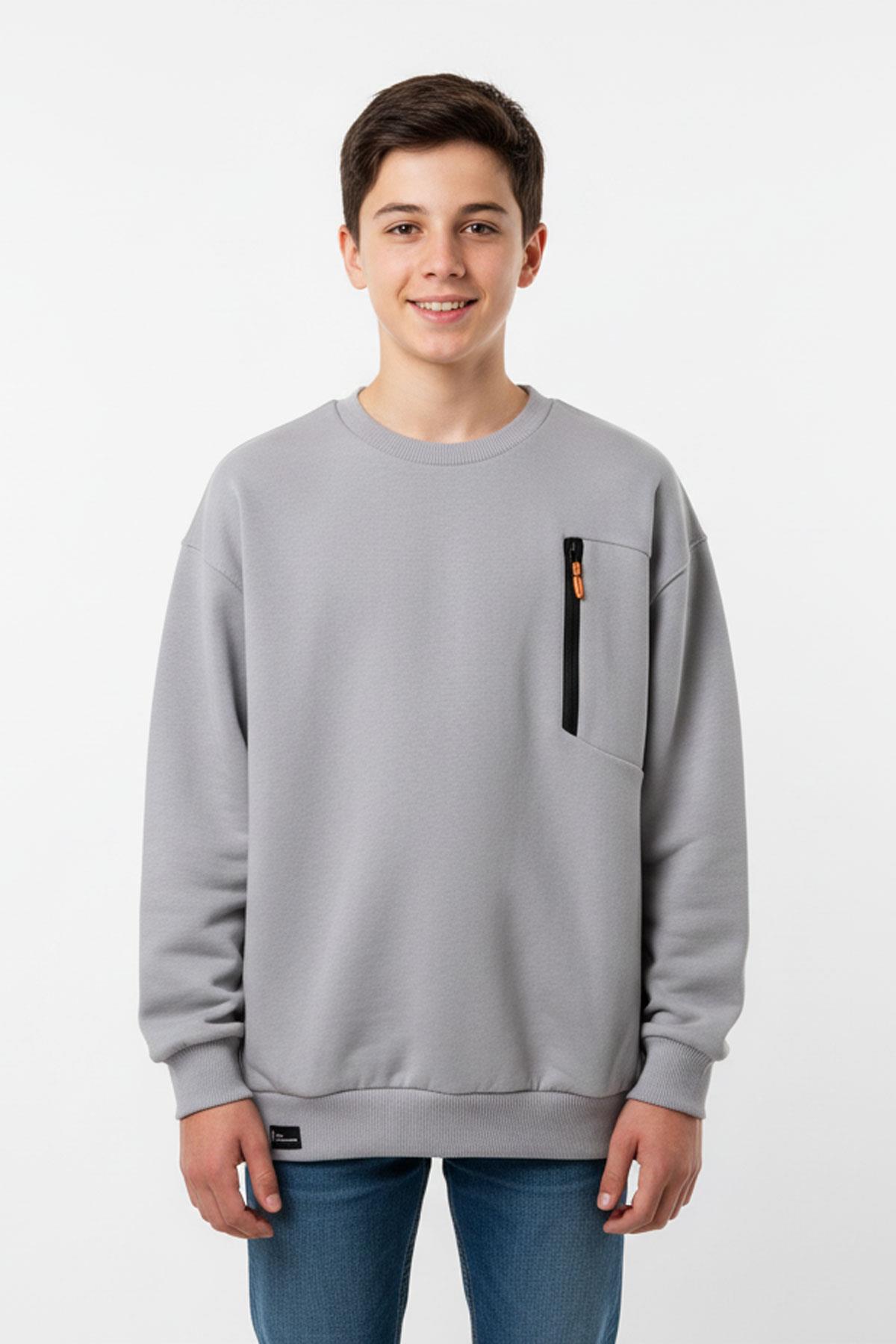 Bisiklet Yaka Cep Fermuar Detaylı Erkek Çocuk Sweatshirt