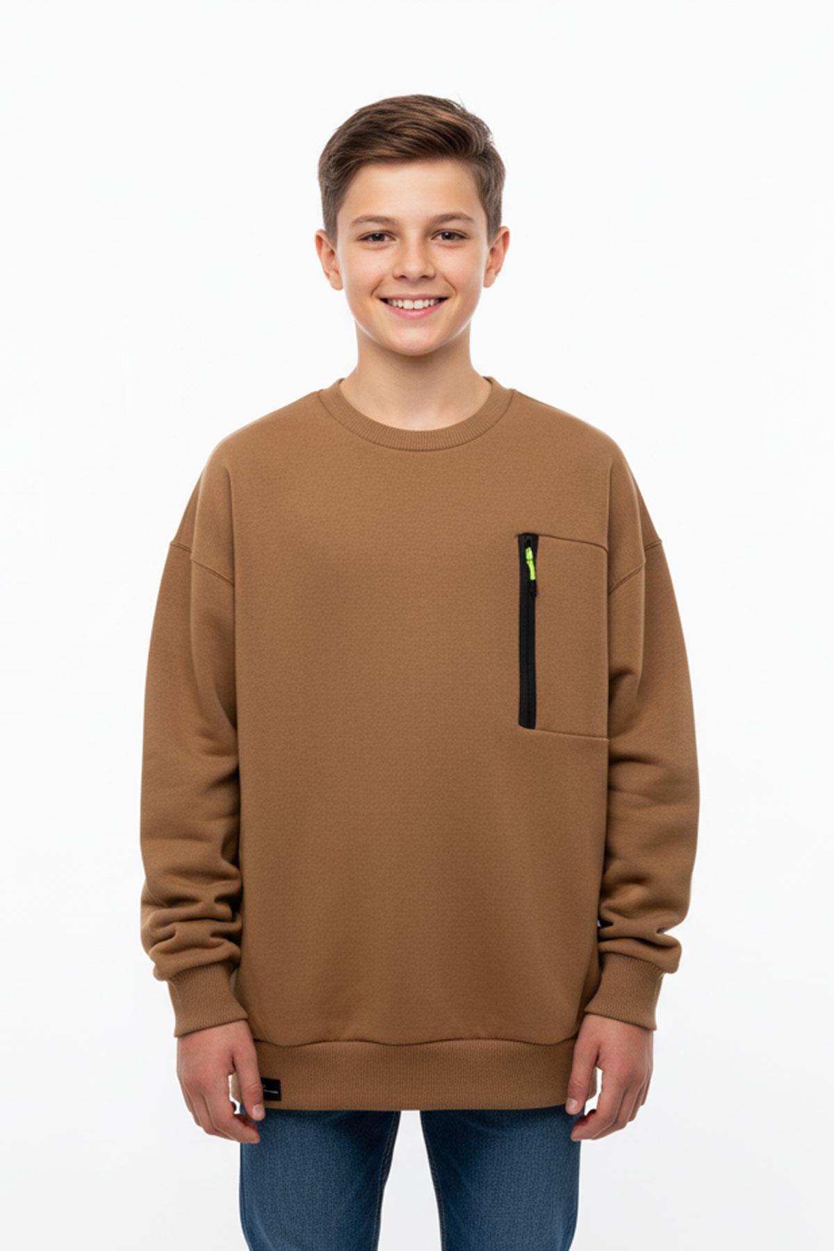 Bisiklet Yaka Cep Fermuar Detaylı Erkek Çocuk Sweatshirt