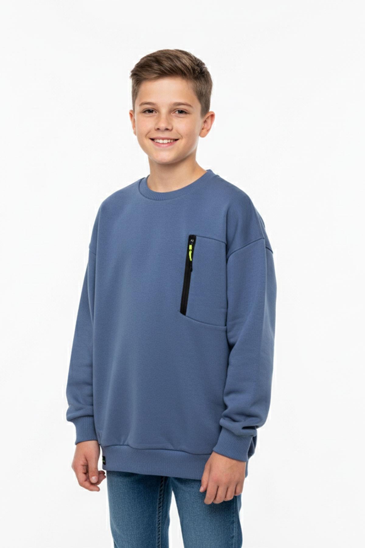Bisiklet Yaka Cep Fermuar Detaylı Erkek Çocuk Sweatshirt