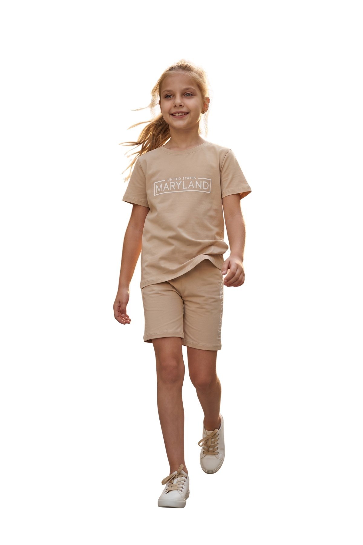 ÇOCUK KIZ TAKIM BEJ KAPRİLİ MARYLAND BASKILI RAHAT KUMAŞ .