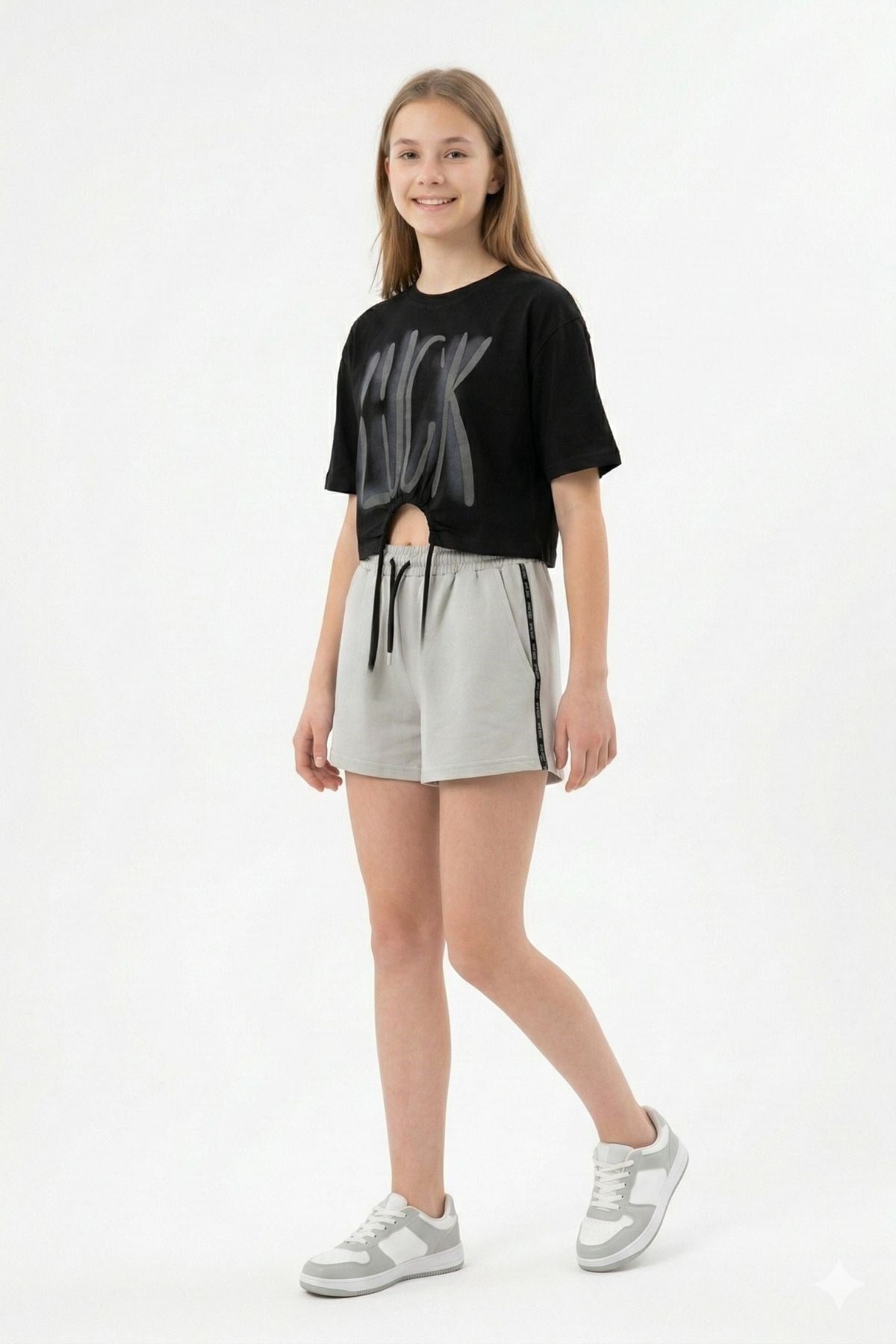 Crop Baskılı Tişört Yanı Şeritli %100 Pamuk Şort Kız Çocuk Takımı