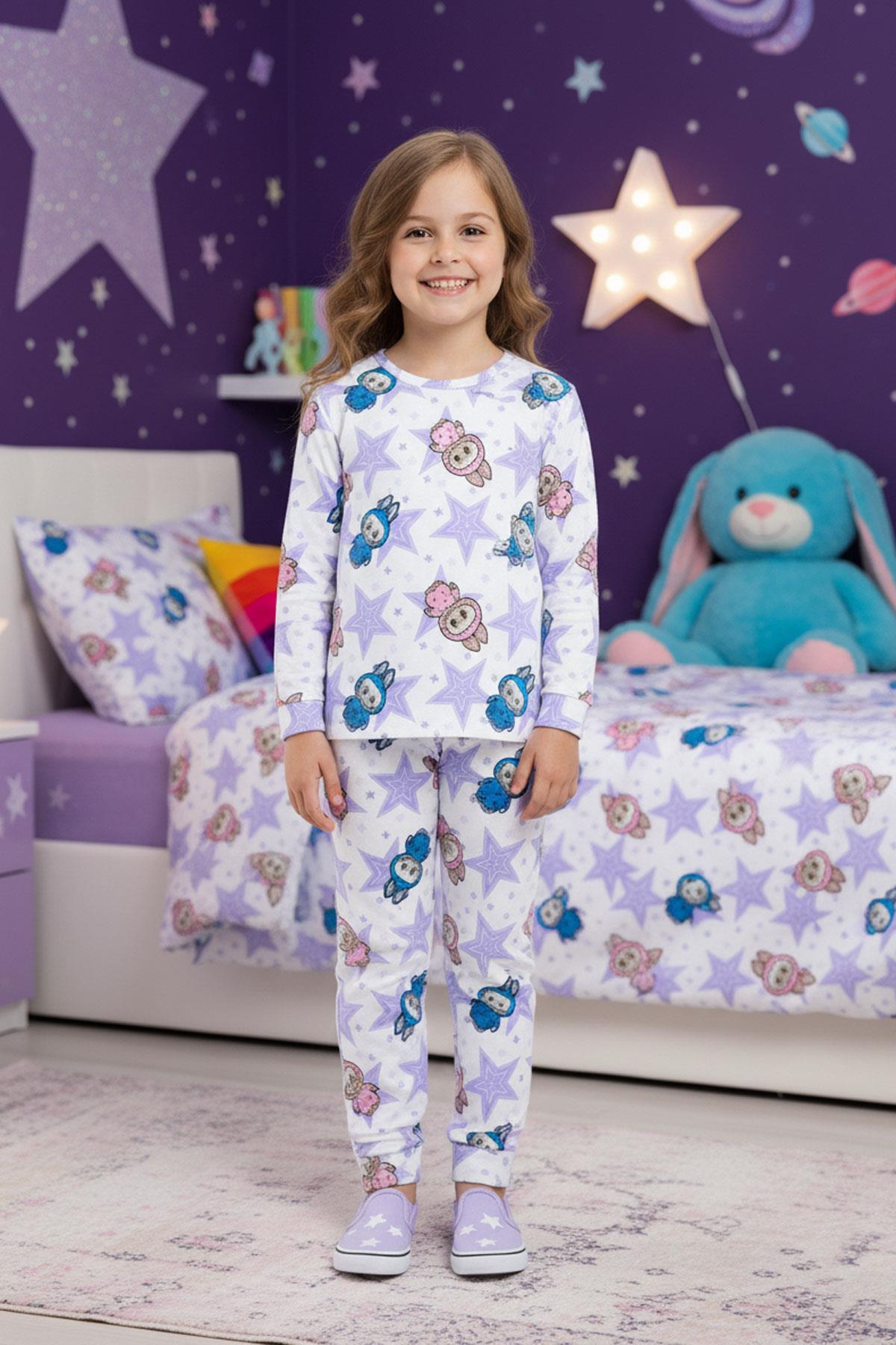 Desenli Pamuk Mevsimlik Kız Çocuk Pijama Takımı