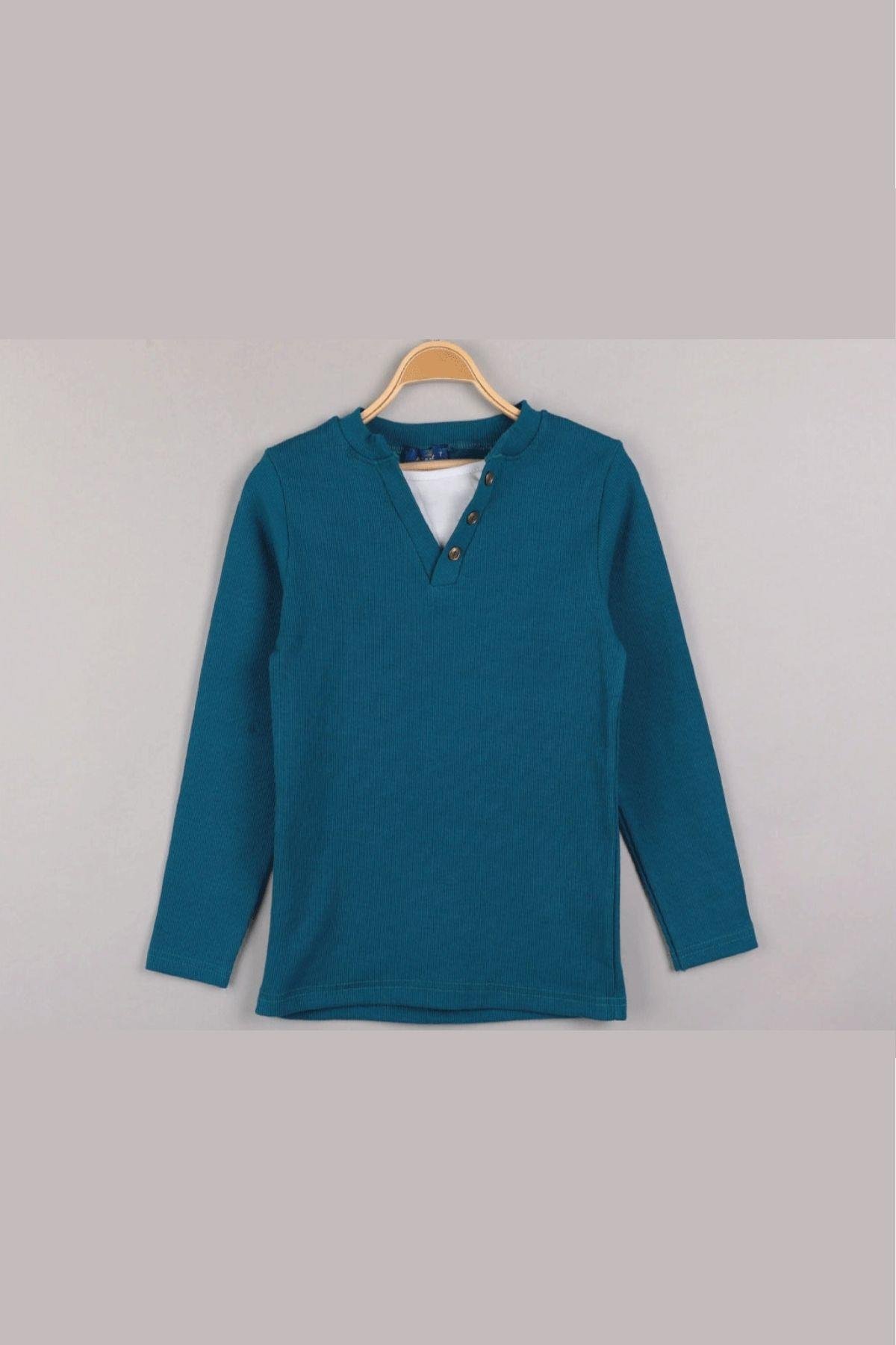 Düğme Detaylı Mevsimlik Uzun Kollu Kaşkorse Kumaş Sweatshirt Petrol Mavisi Renk Erkek Çocuk