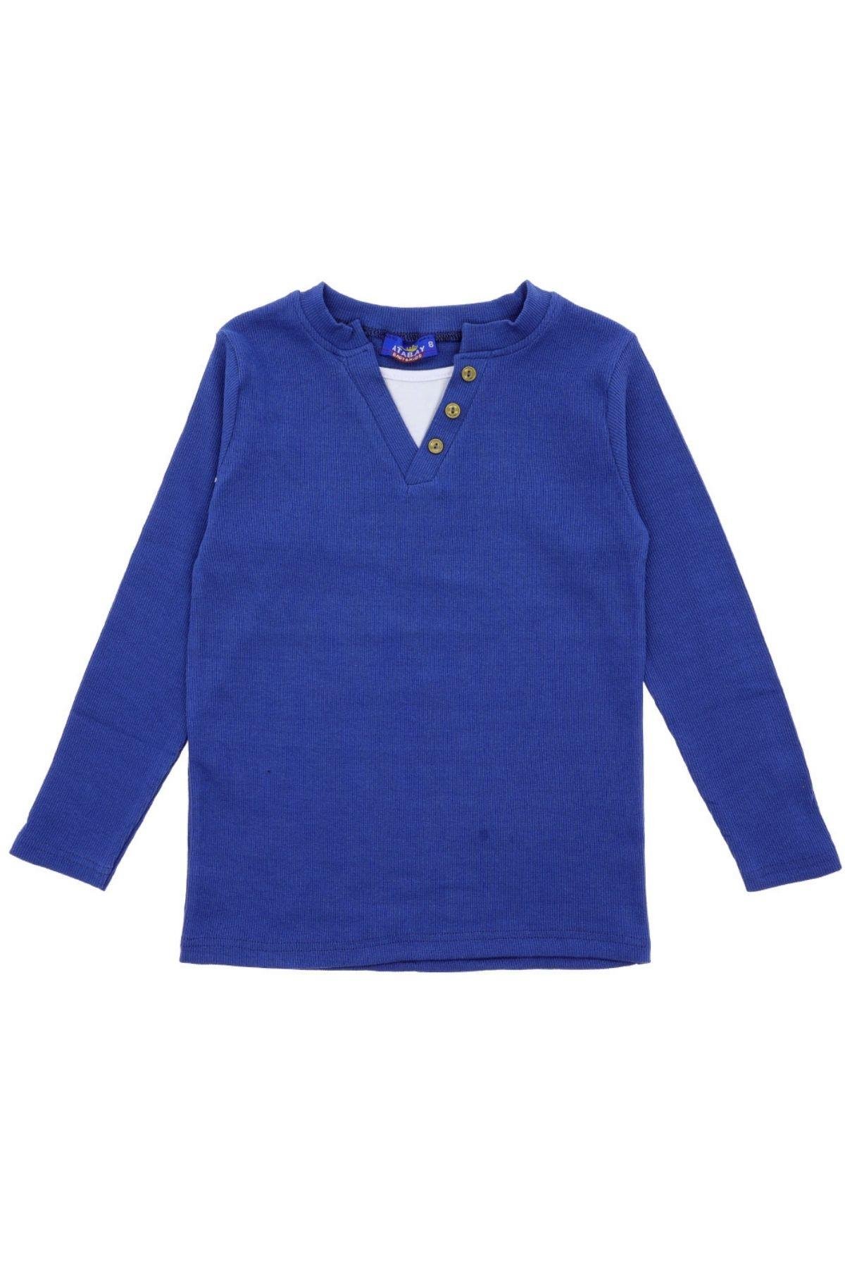 Düğme Detaylı Mevsimlik Uzun Kollu Kaşkorse Kumaş Sweatshirt Mavi Renk Erkek Çocuk