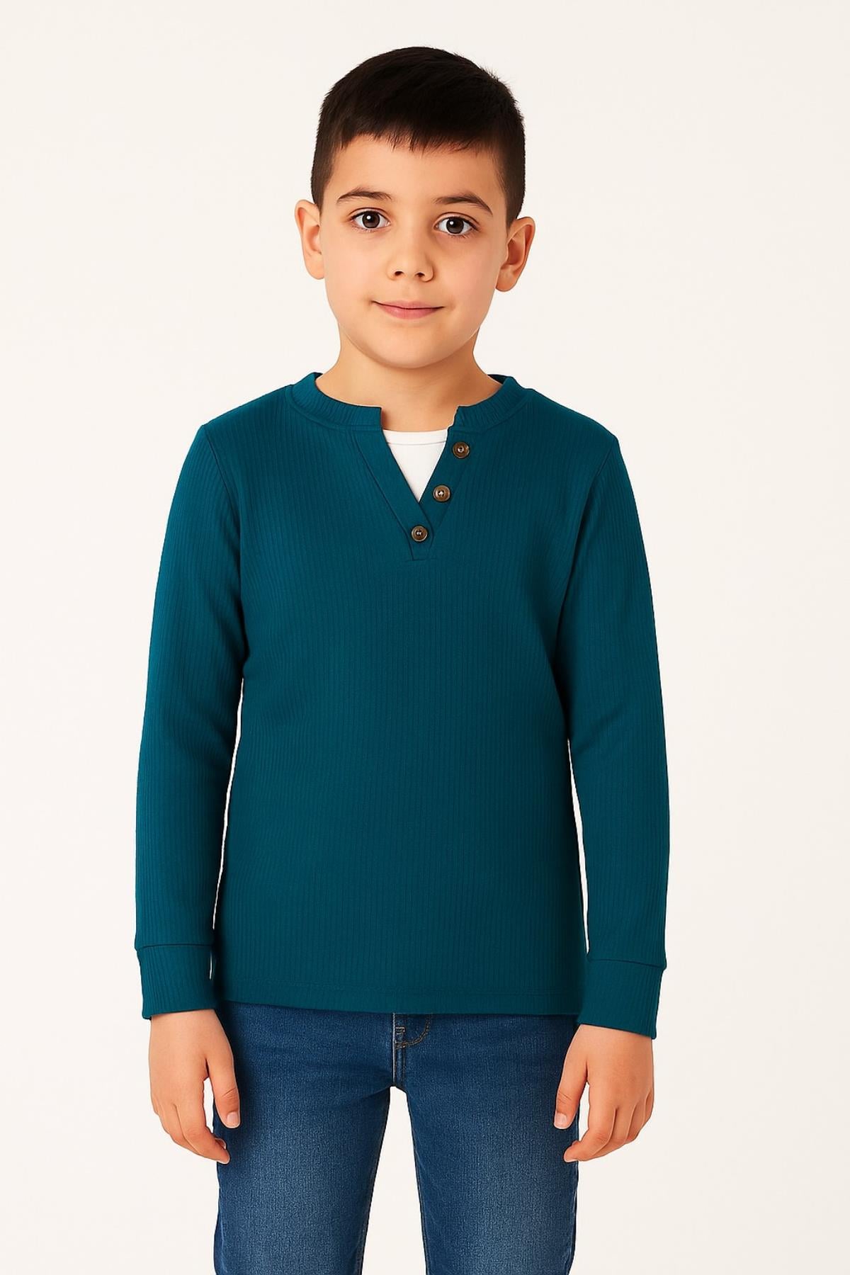 Düğme Detaylı Mevsimlik Uzun Kollu Kaşkorse Kumaş Sweatshirt Petrol Mavisi Renk Erkek Çocuk
