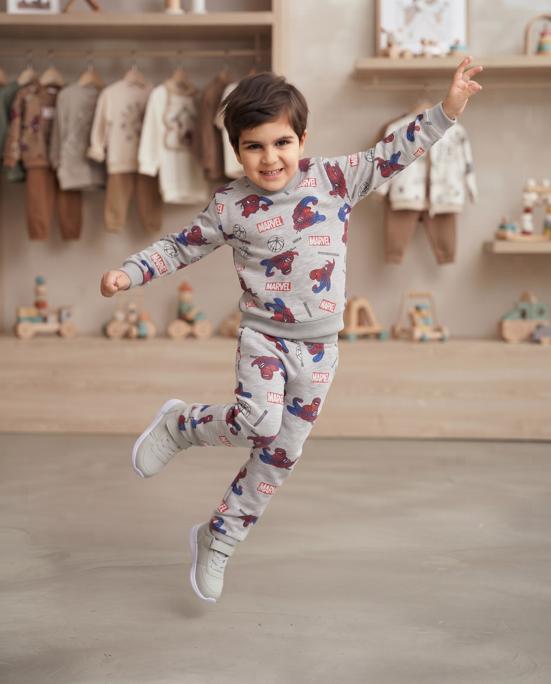 ERKEK ÇOCUK TAKIM 2 İPLİK ŞARDONLU MEVSİMLİK KOLLAR VE PAÇA MAŞENTLİ DETAYLI KAHRAMAN BASKILI ÇOCUK TAKIM 