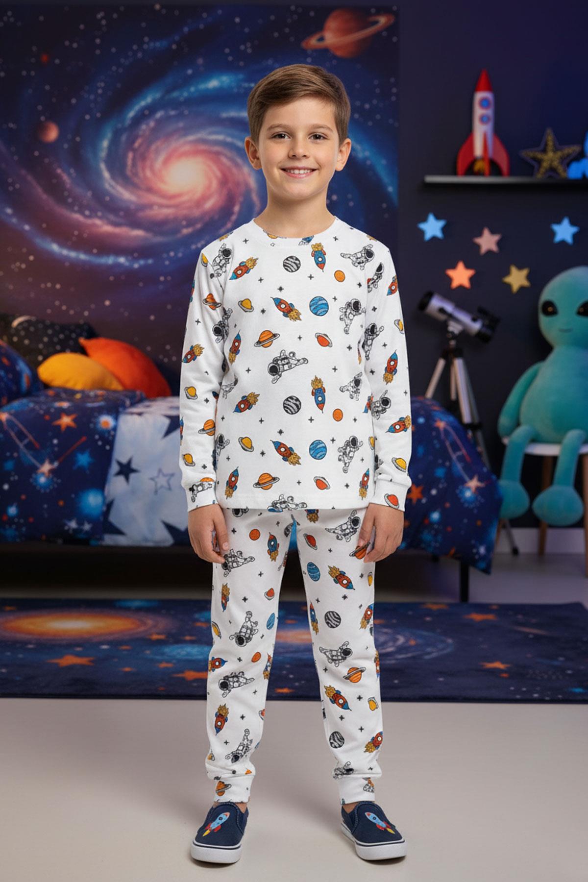 Erkek Çocuk Uzay Desenli Pamuklu Mevsimlik Pijama Takımı