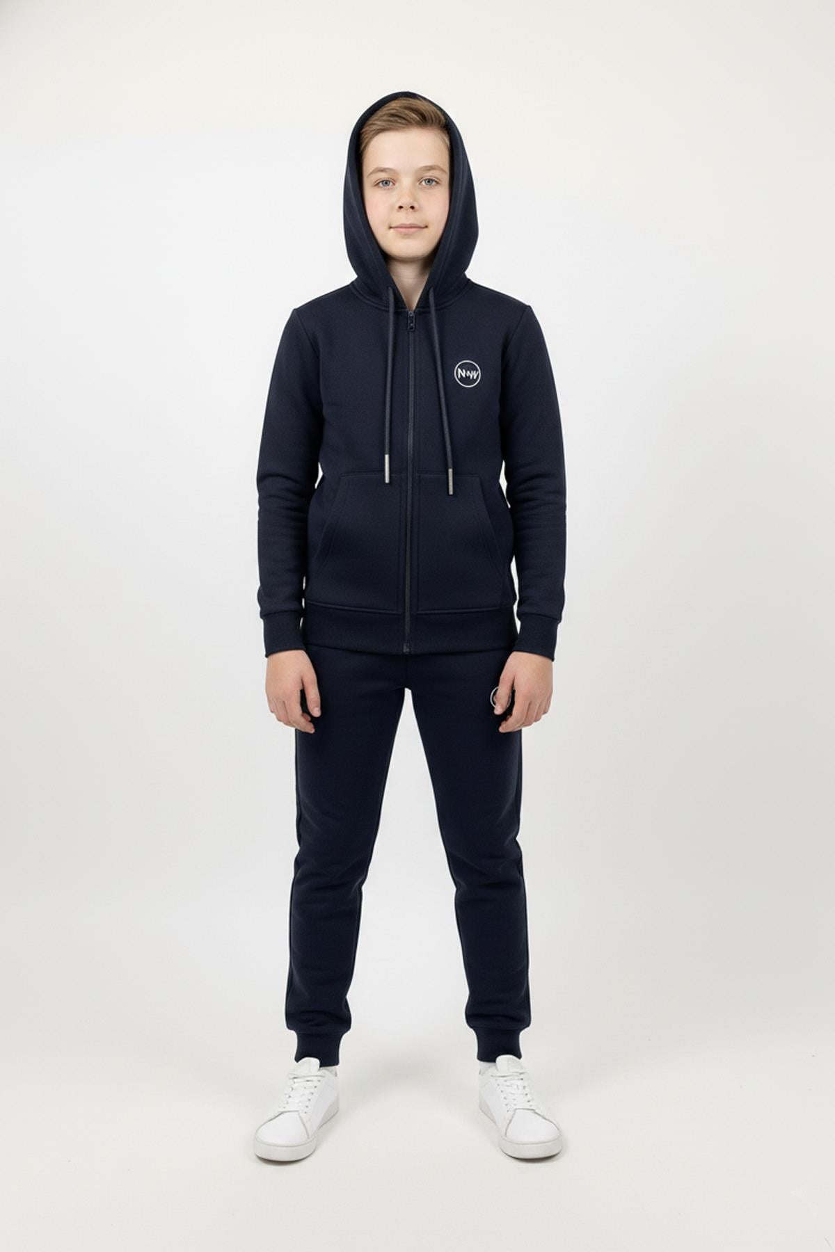 Fermuarlı Kapüşonlu Cepli Unisex Çocuk Eşofman Takımı