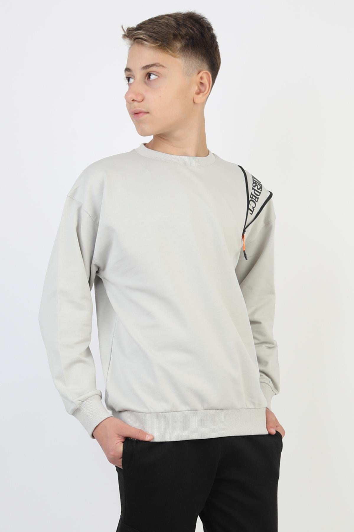 Fermuarlı Respect Baskılı Gri Erkek Çocuk Sweatshirt